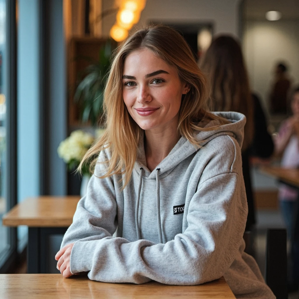 best quality, Instagram-Influencer, blondine weiblich 20yo, big breast, wearing a hoodie, depth of field, in a cafe, in die Kamera schauen