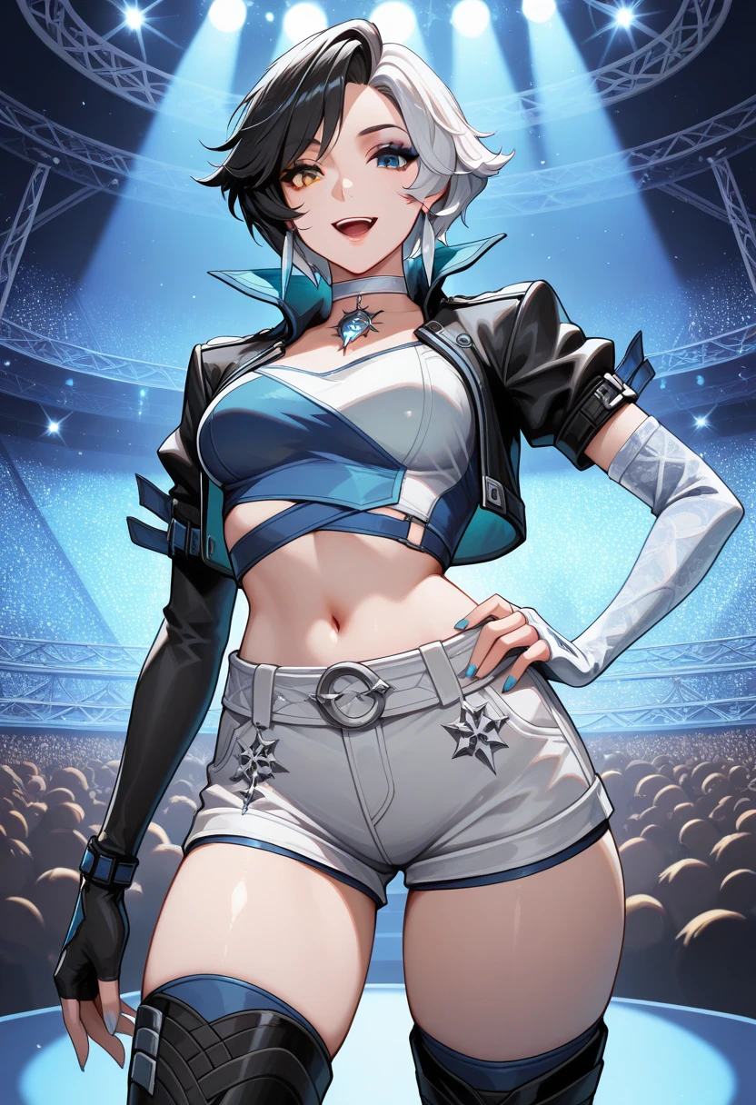 masterpiece, best quality, newest, absurdres, highres, ,  <lora:RivalsLunaSnow-000011:0.9> LNSWRVLS, short hair, two-tone hair, makeup, black hair, white hair, eyeshadow, earrings, white choker, cropped jacket, crop top, navel, asymmetrical sleeves, white shorts,  fingerless gloves, thigh boots, multicolored clothes, concert, open mouth, smile, breasts, thighs, looking at viewer, cowboy shot, hand on own hip, heterochromia, orange eyes, blue eyes, spotlight, close-up, stage, crowd,