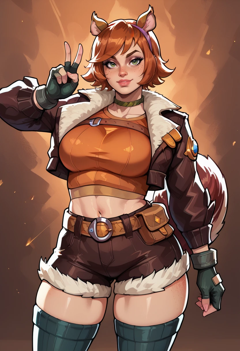 ((score_9, score_8_up, score_7_up, score_6_up, score_5_up, score_4_up)), BREAK, ((source_Western_Comics)), BREAK, ((Masterpiece, Best Quality, Highly Detailed, 3/4 shot, Detailed Background)), BREAK, ((Large Breasts, Wide Hips, Big Ass)), BREAK, ((Sexy Pose, Action Pose, Dynamic Pose)), BREAK, ((1girl)), <lora:Marvel_Rivals_-_Squirrel_Girl:1> squirrel girl, squirrel ears, large squirrel tail, short hair, red hair, ((freckles:1)), green eyes, cropped jacket, fur trim, finger-less gloves, midriff, shorts, thigh-highs, peace sign, V