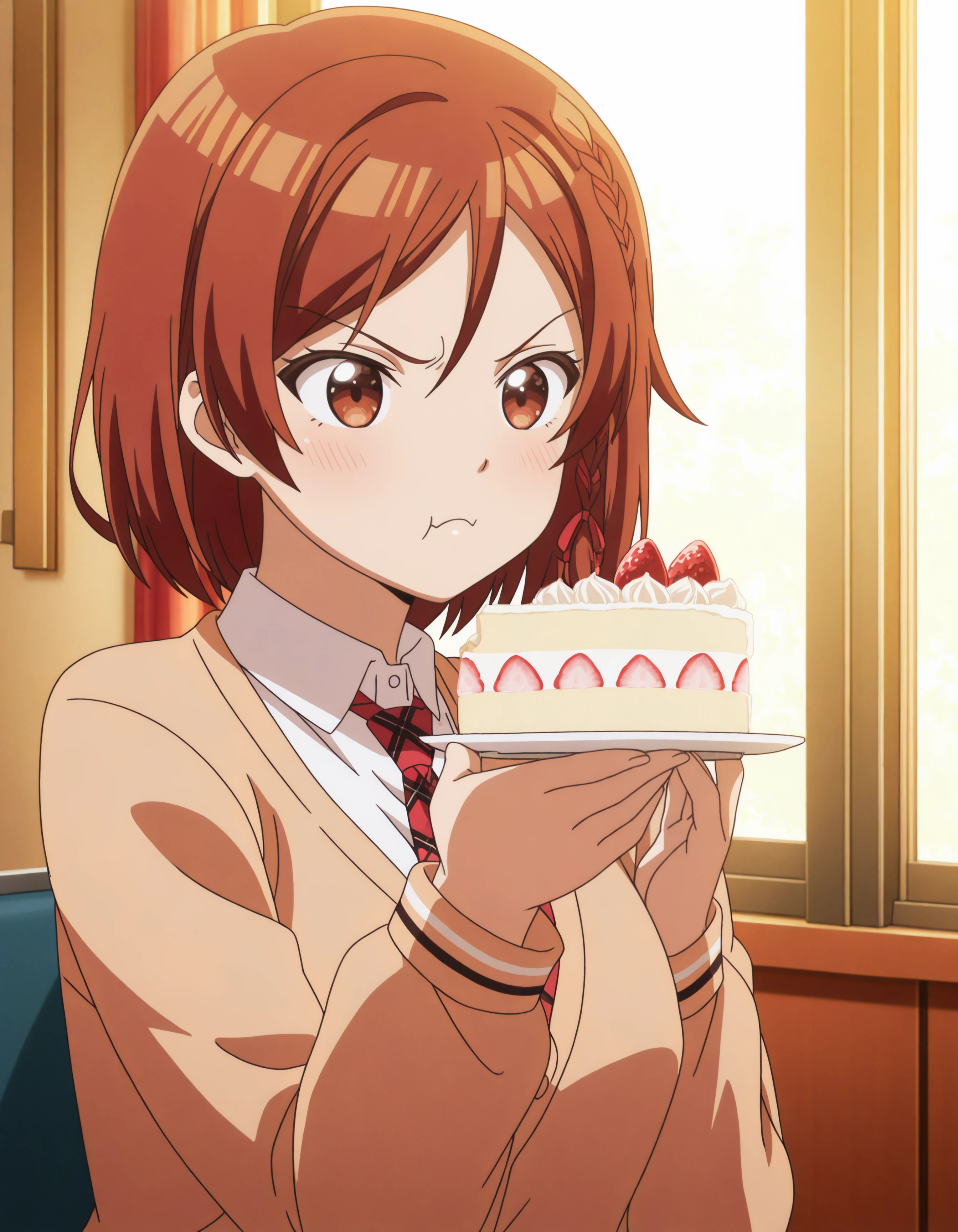 1girl, brown eyes, akanesak, curvy, short brown hair, school uniform, angry, poty, cute, holding a cake, tsundere,
hdr, low contrast, masterpiece, best quality, absurdres, highres, perfect anatomy, anime style, anime screenshot, 8k wallpaper, ultra high quality, extremely detailed cg, perfect lighting, (sharp image)