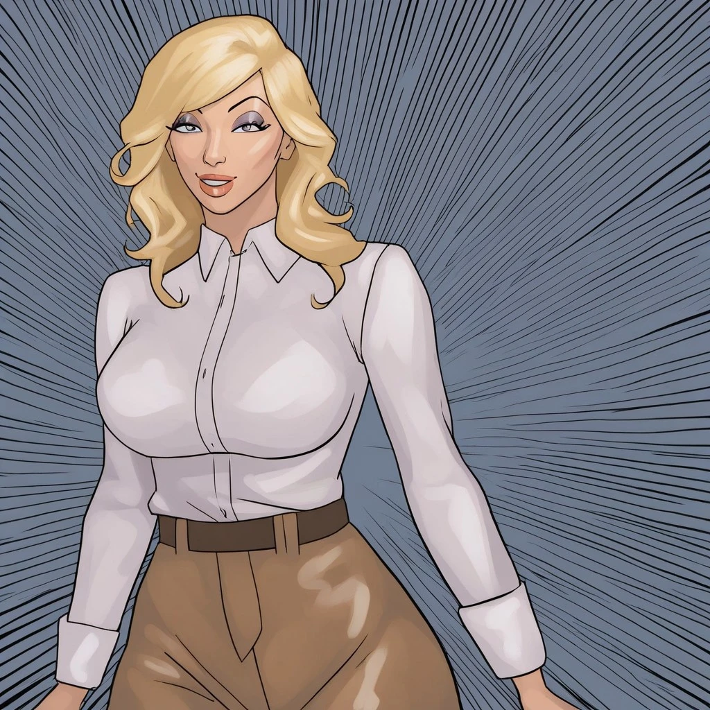 Thin woman, age 25, 4K (High definition), beautiful smiling, seducing gaze, teacher wearing a white social shirt (of buttons) with V-neck and long sleeves, brown belt with a black social skirt, Caucasian skin, round glasses, blonde hair with ponytail, sitting in a chair, curvy with freckles and little beads of sweat running down her forehead and chest. Marvel style high quality, white background.