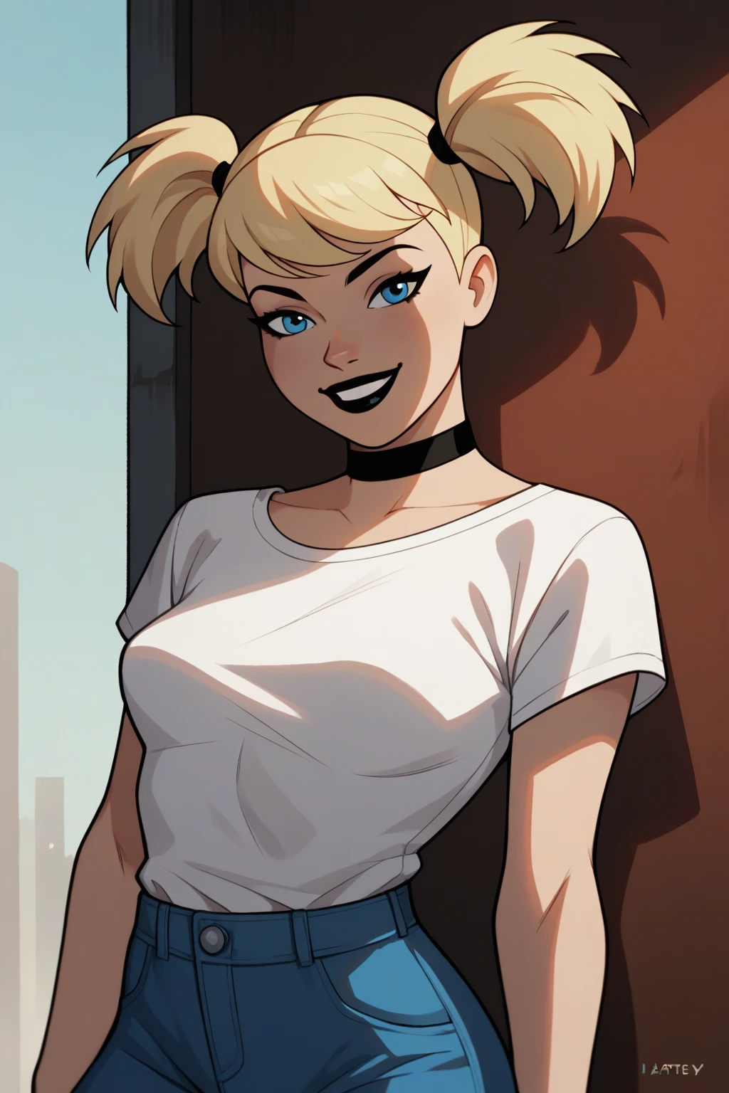 score_9, score_8_up, score_7_up,Harleybtas,1girl,solo,twintails,short hair,blonde hair,blue eyes,choker,black lips,medium breast,white shirt,smile,blue pants
