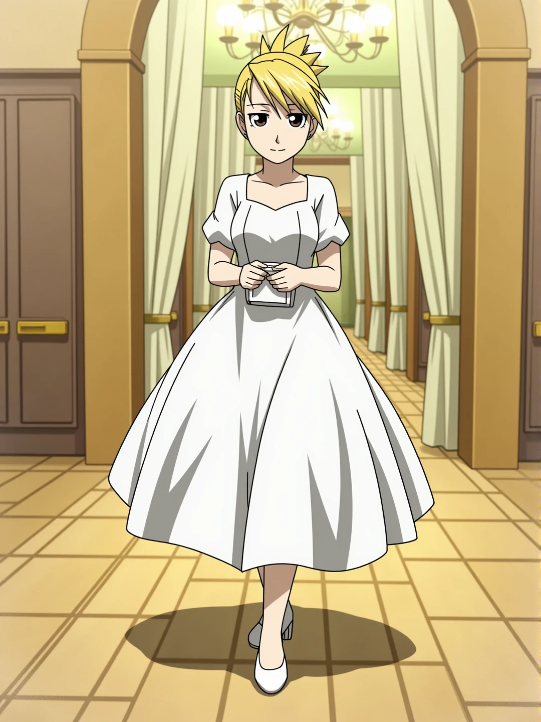 Anime scene of a woman standing in a fancy ballroom. She is wearing a white dress. Her spiky blonde hair is styled in a bun. She has a warm smile on her face. She is alone. She is wearing white ballet shoes. She is holding a small white purse. Masterpiece.