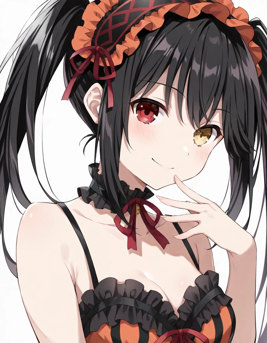 Volumetric Lighting, (masterpiece), (best quality), (ultra-detailed), masterpiece, source_anime, score_9, score_8_up, score_7_up BREAK, illustration, disheveled hair, detailed eyes, perfect composition, moist skin, intricate details BREAK, light depth, detailed face, detailed fingers, BREAK, Kurumi,medium breast, hairstyle1, black hair, long hair, uneven twintails,red eyes, heterochromia, yellow eyes, clock eyes BREAK, KurumiNightmare, ngtmr_choker, ngtmr_hairband, ngtmr_dress, ngmtr_dress_bow, BREAK, (((simple background, white background))), looking at viewer,smile, upper body, hand up, detailed fingers