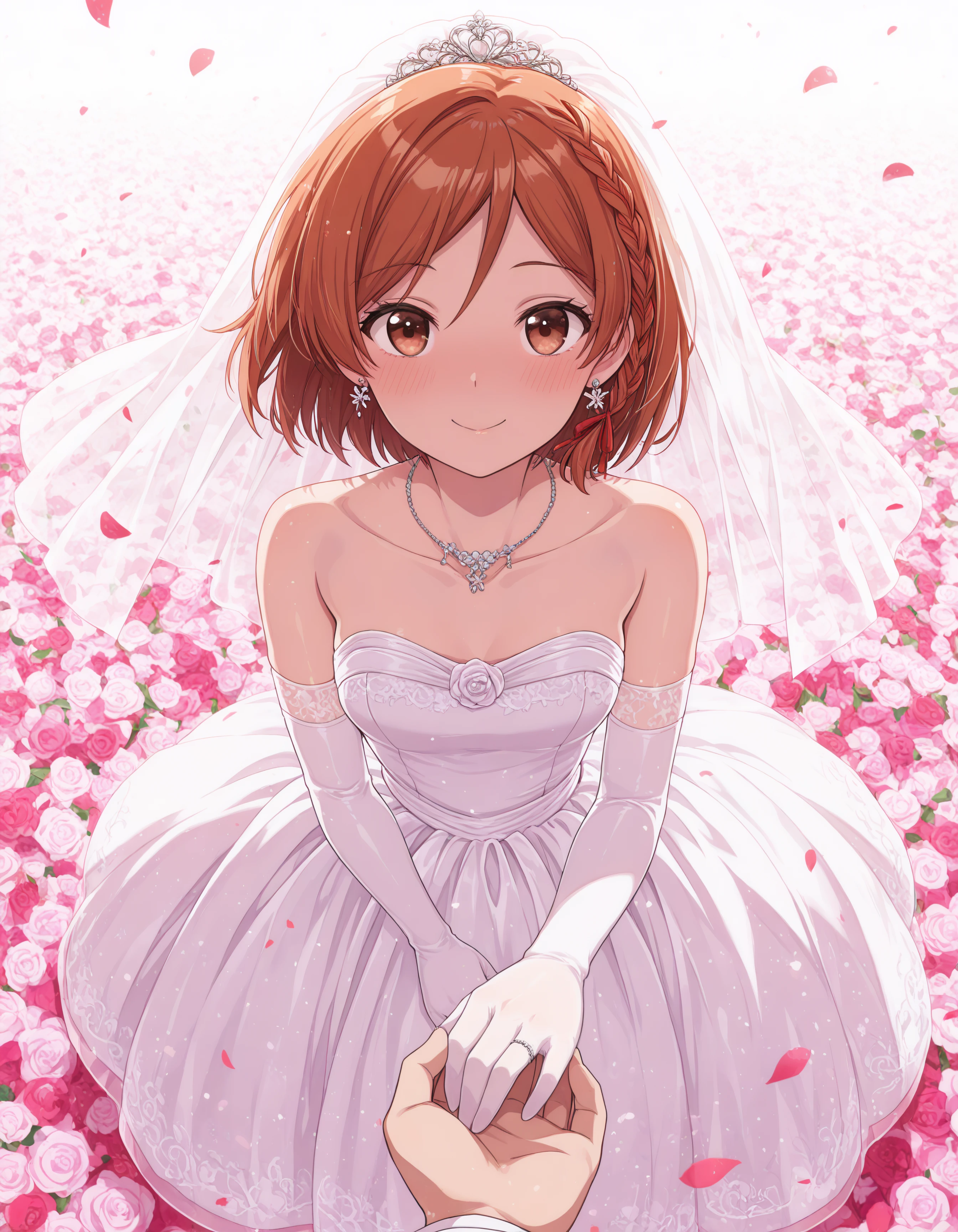 1girl, brown eyes, akanesak, curvy, short brown hair, looking_at_viewer, looking_at_viewer, blush, smile, gloves, dress, ribbon, bare_shoulders, brown_eyes, jewelry, collarbone, hair_ribbon, braid, flower, earrings, solo_focus, elbow_gloves, white_gloves, hair_flower, necklace, white_dress, orange_hair, red_ribbon, strapless, holding_hands, left hand, ring finger , pov, ring, veil, strapless_dress, side_braid, wedding_dress, wedding_ring, pov_hands, bridal_veil, bride,
hdr, low contrast, masterpiece, best quality, absurdres, highres, perfect anatomy, anime style, anime screenshot, 8k wallpaper, ultra high quality, extremely detailed cg, perfect lighting, (sharp image)