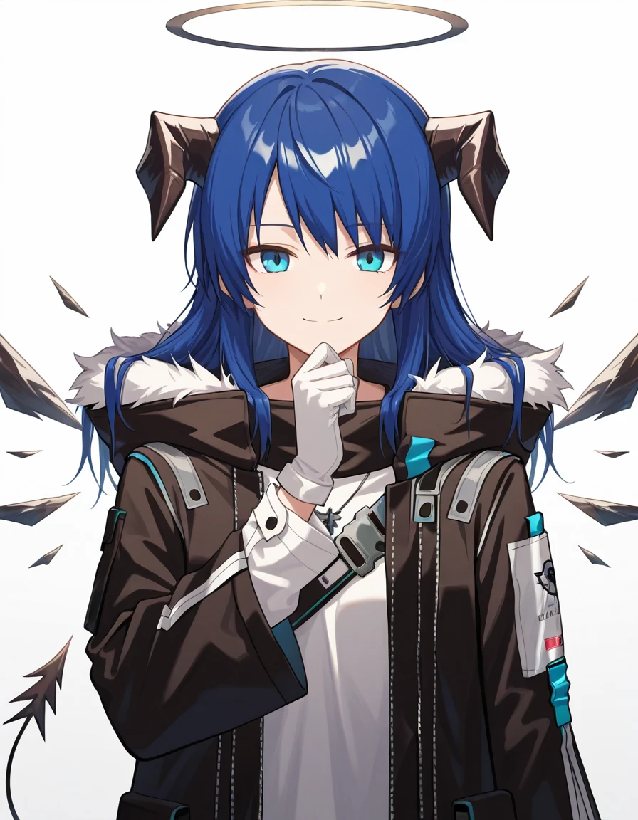 Volumetric Lighting, (masterpiece), (best quality), (ultra-detailed), masterpiece, source_anime, score_9, score_8_up, score_7_up BREAK, illustration, disheveled hair, detailed eyes, perfect composition, moist skin, intricate details BREAK, light depth, detailed face, detailed fingers, BREAK, mostima (arknights), long hair, blue hair, blue eyes, mosti horns, mosti tail, sankta wings, detached wings,mosti halo,black halo BREAK, mostidef, mosti jacket, mosti shorts, mosti gloves, mosti scarf, mosti shirt, shoulder strap, mosti necklace BREAK, ((white background)), looking at viewer, smile, upper body, hand up