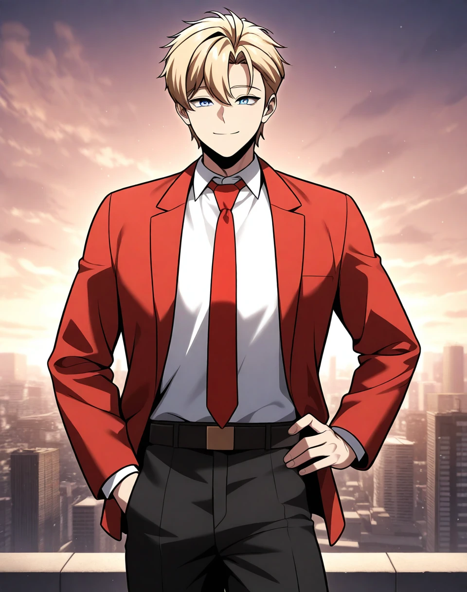ed_rothstaylor, blonde hair, short hair, grey eyes, 1boy,  red necktie,  white shirt, academy school uniform, red blazer, belt, black pants REAK outdoors, city BREAK hand on hip, smile, cowboy shot, BREAK masterpiece, best quality), amazing quality, absurdres, highres, newest, HDR, 8K, <lora:Ed_Rothstaylor:0.8>