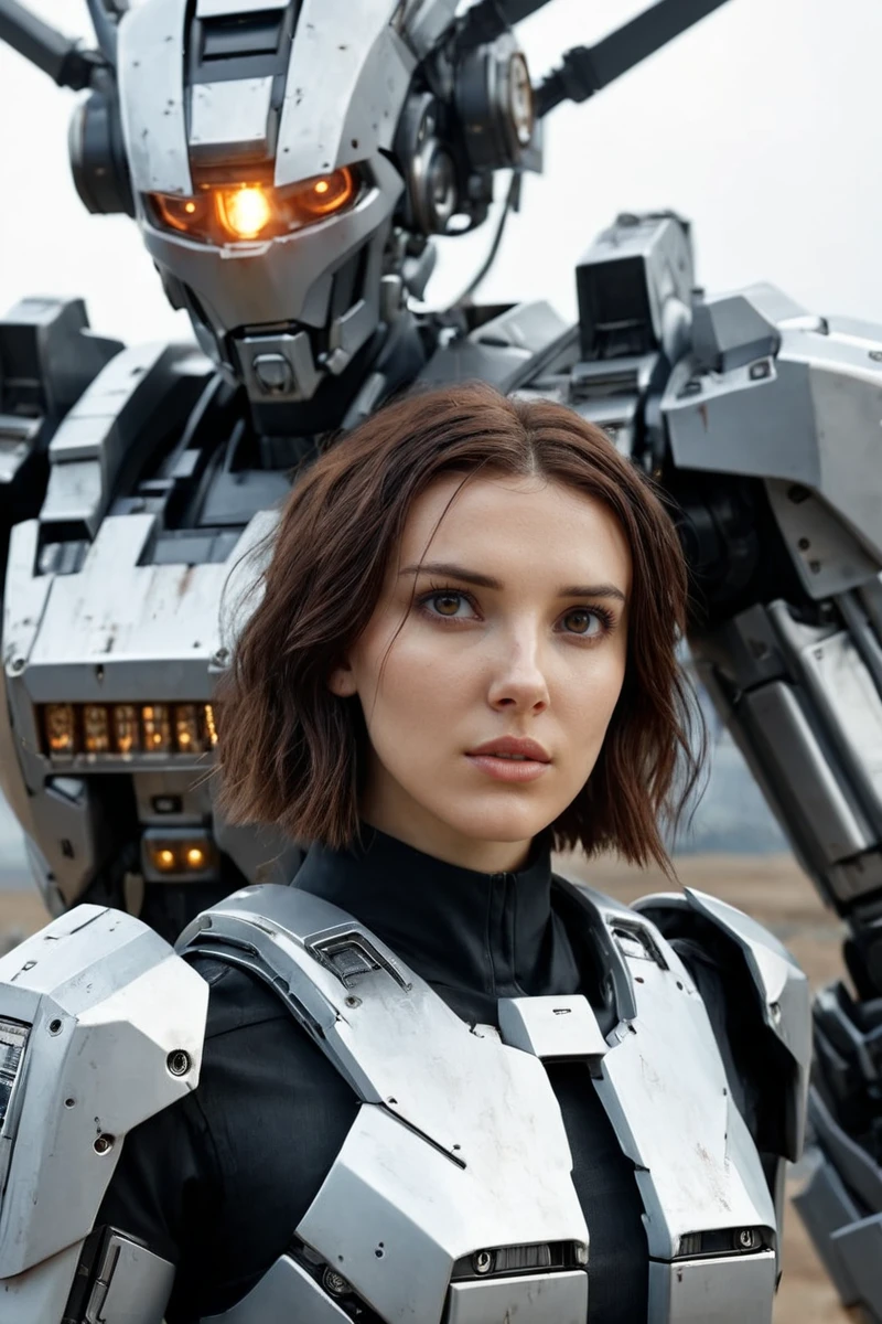 Dystopian style <lora:Millie_Bobby_Brown_SDXL_101:0.9> milliebb101, 1girl next to a mecha cinematic photo looking at viewer happy expression, , finely detailed eyes, epic scene, epic composition, Photography, Cinematic Lighting, Volumetric Lighting, ethereal light, intricate details, extremely detailed volumetric rays 35mm photograph, film, bokeh, professional, 4k, highly detailed . Appetizing, professional, culinary, high-resolution, commercial, highly detailed . Bleak dramatic, highly detailed . Bleak, post-apocalyptic, somber, dramatic, highly detailed