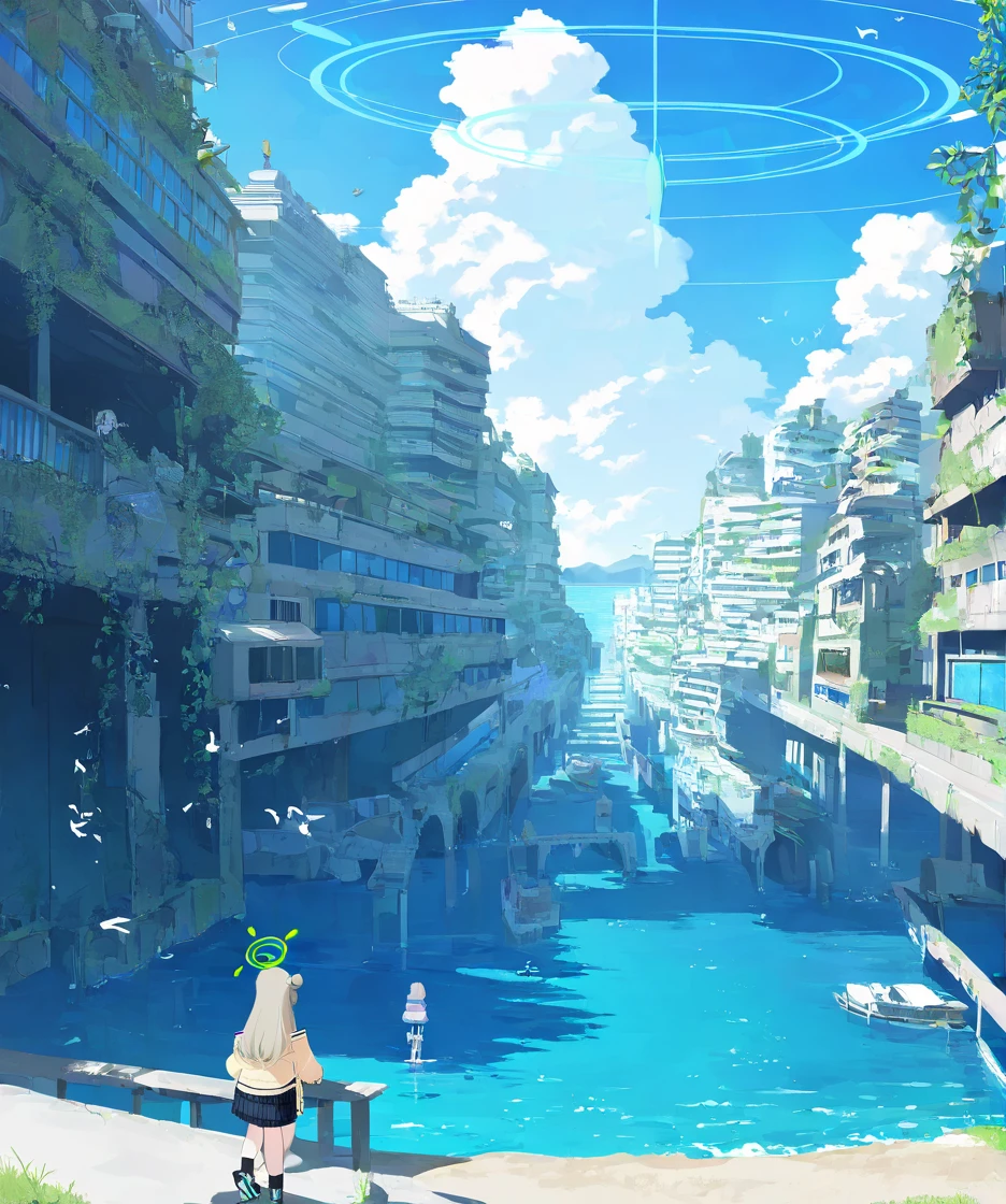 1girl,nonomi \(blue archive\),post-apocalypse,ivy,beach, bird, blue sky, boat, bridge, building, city, cloud, cloudy sky, day, facing away, from behind, horizon, lake, mountain, mountainous horizon, ocean, outdoors, railing, river, road, scenery,,masterpiece, best quality, very aesthetic, absurdres, <lora:Submerged ruins-NAI:0.8>,