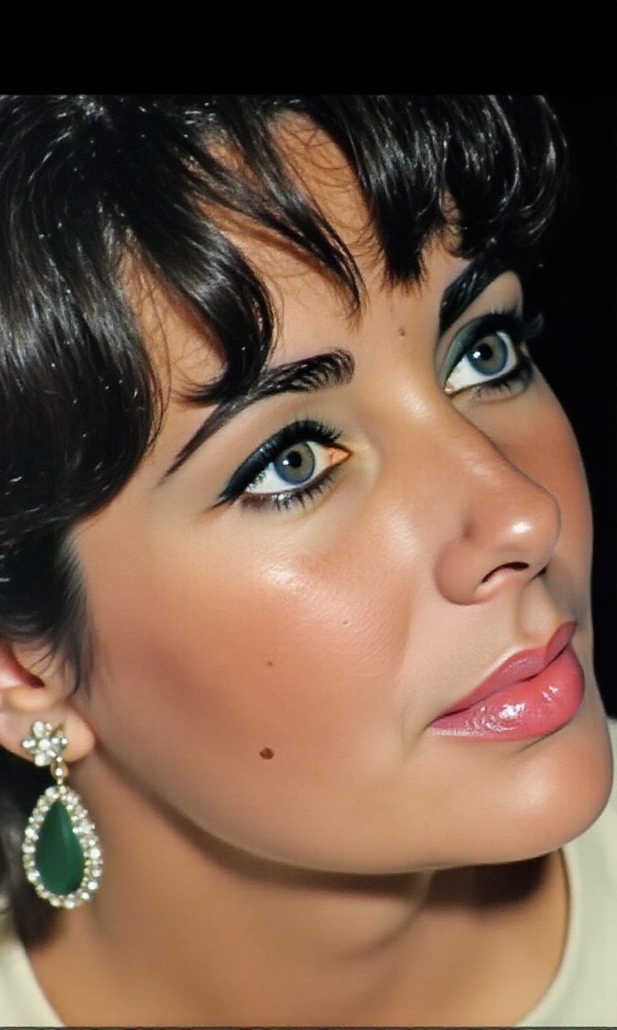 elizabethtaylor violet eyes, smiling broadly, close-up profile, high neckline,