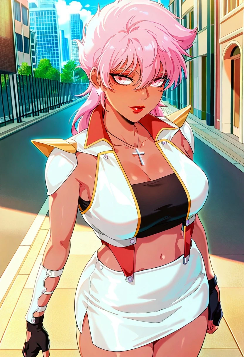 masterpiece, best quality,amazing quality,source_anime,Illia ,dark skin,pink twintail hairstyle, pink eyes, red lips, cross necklace, ear accessory, casual clothing,wrister,fingerless gloves,miniskirt,city view, street background