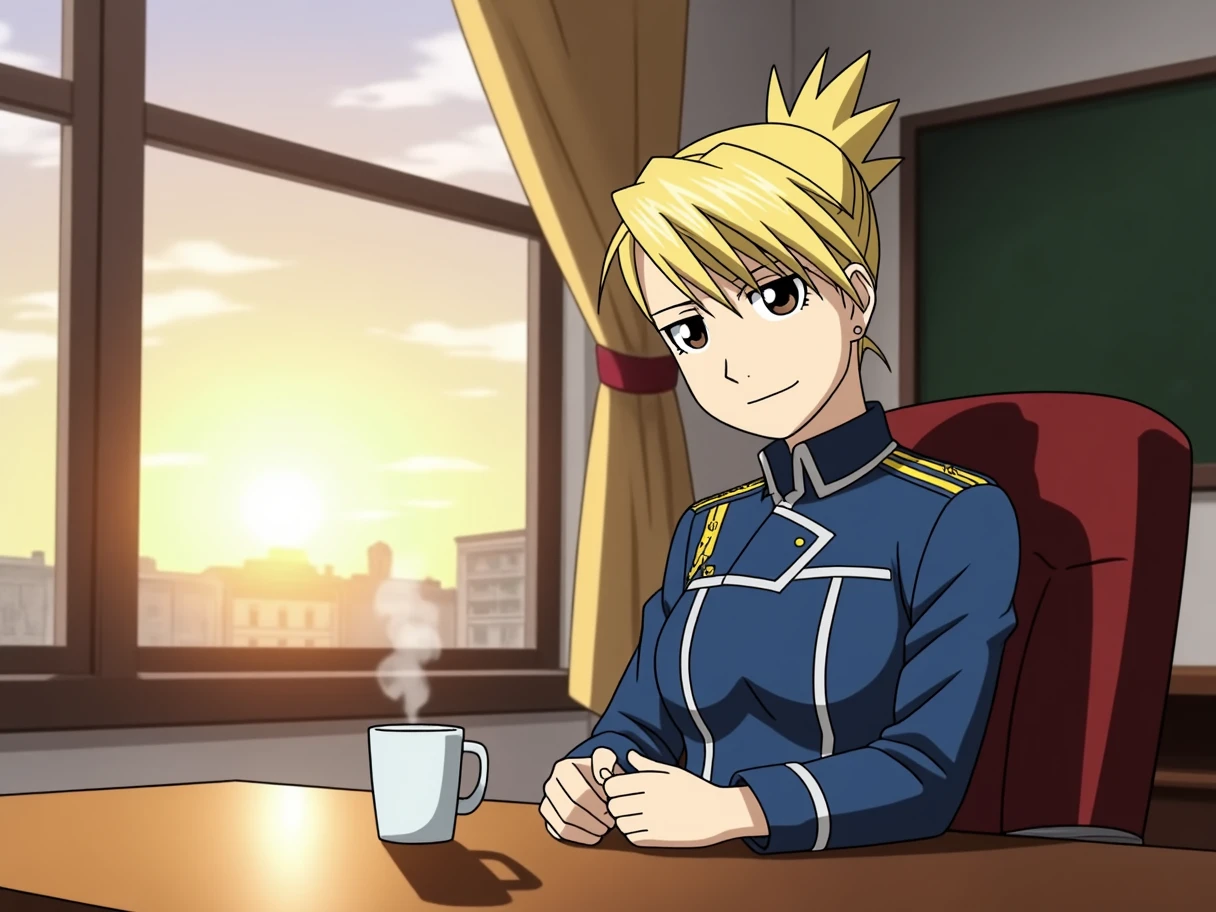 Anime scene of a woman sitting at wooden desk in a cozy office. The sun is rising. There is a large window behind here. There is a steaming mug of coffee on the desk. The woman is wearing a blue military uniform with gold accents. She has spiky blonde hair styled in a bun. She is looking at the viewer with a slight smile.
