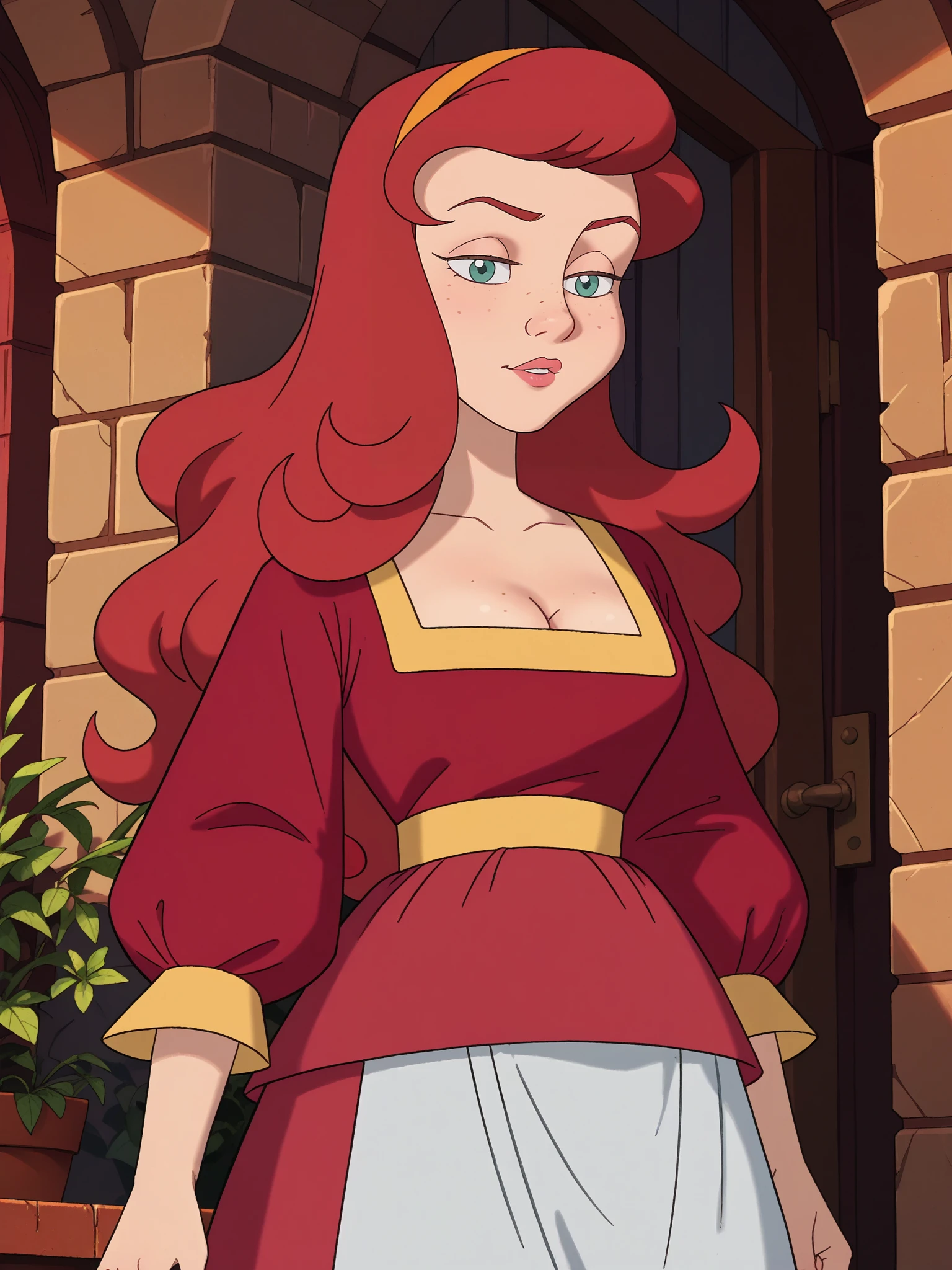 , score_9, score_8_up, score_7_up, score_6_up,
<lora:Rose_Red_-_Simsala_Grimm_-_Snow_White_and_Rose_Red:1> rred-simgrim, 1girl, solo, freckles, medium breasts, cleavage, red hair, golden hairband, long hair, red dress, red shirt, puffy sleeves, yellow trim, white apron