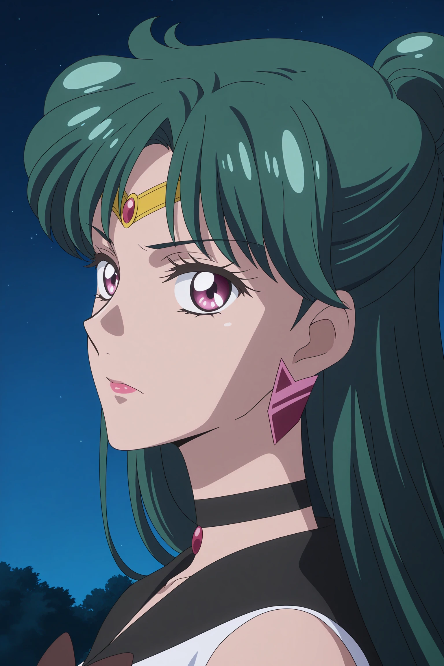 masterpiece, best quality, amazing quality, highres, absurdres, very aesthetic, high resolution, ultra detailed, perfect details, 1girl, solo, outdoors, (night:1.5), meiou setsuna, very long hair, green hair, single hair bun, purple eyes, purple earring, circlet, sailor senshi uniform, magical girl, black choker, pendant choker, black sailor collar, brown bow, white gloves, elbow gloves, black skirt, pleated skirt, yellow back bow, key, key chain, black footwear, knee boots, high heel boots, <lora:Setsuna_Meiou_ILXL:0.8> (aged up:1.5), (portrait:1.6), (serious:1.2), looking at viewer, (pose:1.1), (anime screencap:1.5), (anime coloring:1.5), (from side:1.3)