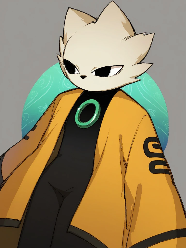 score 9, score 8 up, score 7 up, score 6 up, score 5 up, score 4 up, 
yi, nine sols, ingame, feline, solarian, anthro, solo, male, looking to the side, side view, white fur, black eyes, cat ears, clothes, black body, green ring on chest, yellow coat, long sleeves, headwear, head tuft, transparent background 