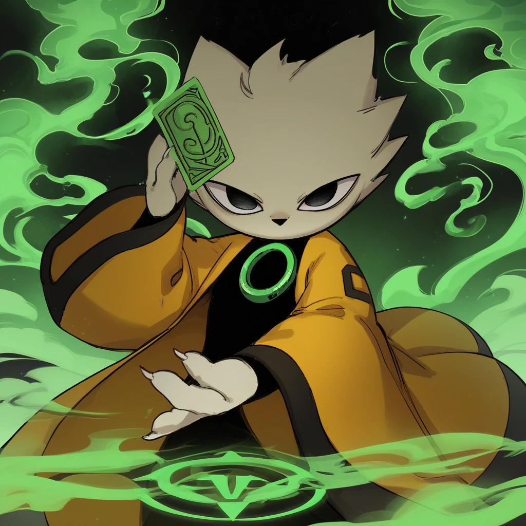 score 9, score 8 up, score 7 up, score 6 up, score 5 up, score 4 up,
yi, nine sols, feline, solarian, anthro, solo, male, looking at viewer, white fur, black eyes, cat ears, clothes, black body, green ring on chest, yellow coat, long sleeves, 4 fingers, claws, holding object, object in hand, holding green card, green smoke, white background