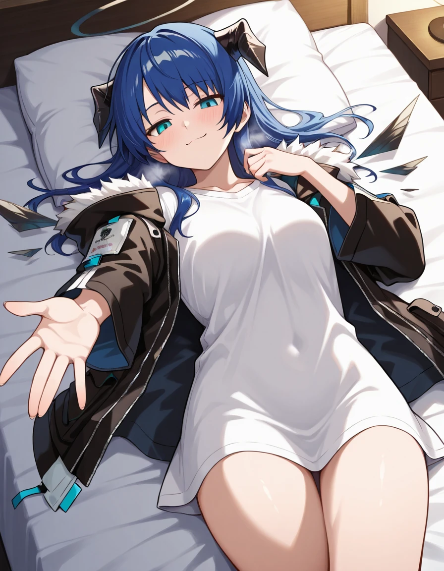 Volumetric Lighting, (masterpiece), (best quality), (ultra-detailed), masterpiece, source_anime, score_9, score_8_up, score_7_up BREAK, illustration, disheveled hair, detailed eyes, perfect composition, moist skin, intricate details BREAK, light depth, detailed face, detailed fingers, BREAK, mostima (arknights), long hair, blue hair, blue eyes, mosti horns, sankta wings, detached wings,mosti halo,black halo BREAK, mostidef, mosti jacket, mosti shirt BREAK, indoor, bedroom, detailed fingers,(((on back,lying on bed))),blush,in heat, visible breath,thighs, smug,from above, oversized shirt,reaching, open jacket