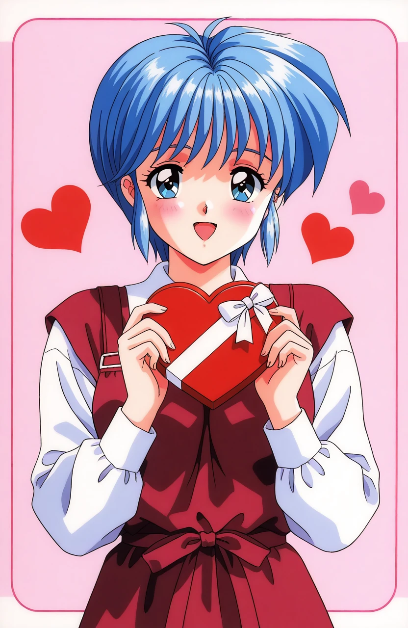 general,highres, ultra-detailed,very aesthetic,best quality ,best hands, BREAK <lora:Nijino_Saki_Tokimeki_Memorial_IS:1>Nijino_Saki(Tokimeki_Memorial),1girl, solo, blue hair, blue eyes, short hair, bangs, medium breasts, 1990s (style), happy,
happy, Valentine, chocolate, clause up, blush, heart,