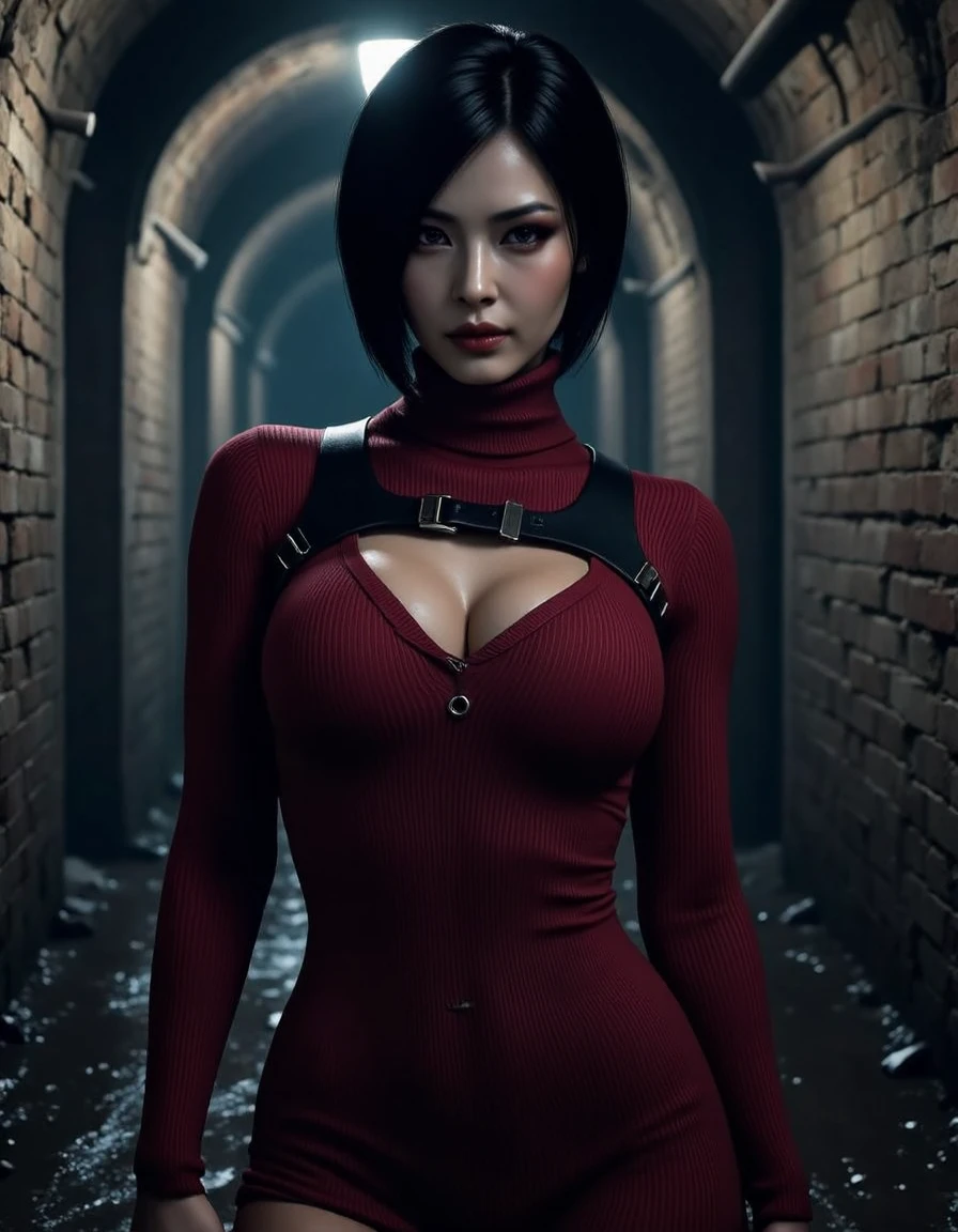 a beautiful female <lora:ada-wong-v1:1>, She wears a form-fitting, dark red knitted dress, with a harness across her chest, large breasts, Asian, black high heels and a simple necklace. Her hair is styled in a sleek bob, and she wears minimal makeup. background a dirty dark sewer, damp walls, wet, Captured with a Sony A7R IV camera and a 50mm f/1.2 G Master lens, skin details, highly detailed, spy pose, cinematic, sense of danger, horror,