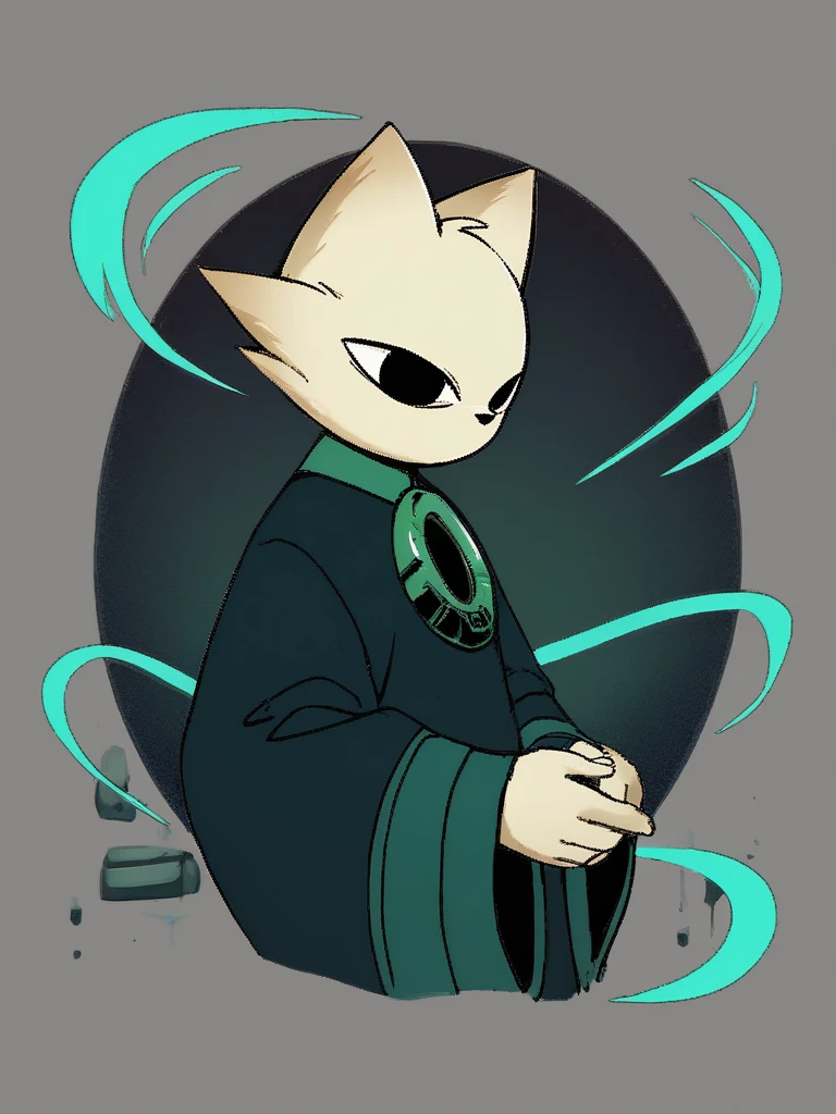 score 9, score 8 up, score 7 up, score 6 up, score 5 up, score 4 up, 
yi, nine sols, ingame, feline, solarian, anthro, solo, male, looking to the side, side view, white fur, black eyes, cat ears, clothes, green ring on chest, dark turquoise robe, long sleeves, hidden hands, transparent background 