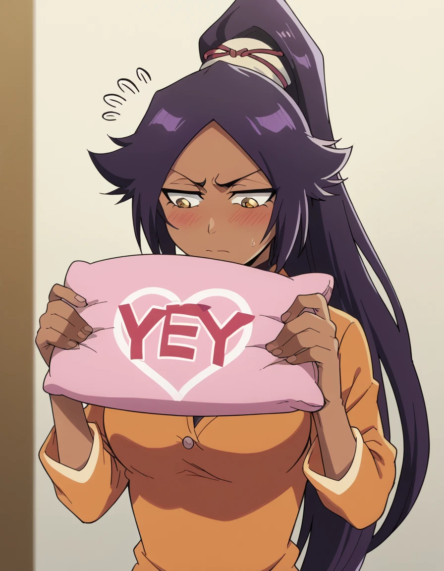 score_9, score_8_up, score_7_up, source_anime, <lora:yoruichi-shihouin-tybw-ponyxl-lora-nochekaiser:1>, yoruichi shihouin, long hair, black hair, ponytail, dark skin, dark-skinned female, high ponytail, large breasts, anime screencap,, <lora:yes-no-pillow-ponyxl-lora-nochekaiser:1>, yes-no pillow, holding, pillow, flying sweatdrops, yes, holding pillow, blush, looking to the side, english text, bedroom, pajamas, cowboy shot, dutch angle,