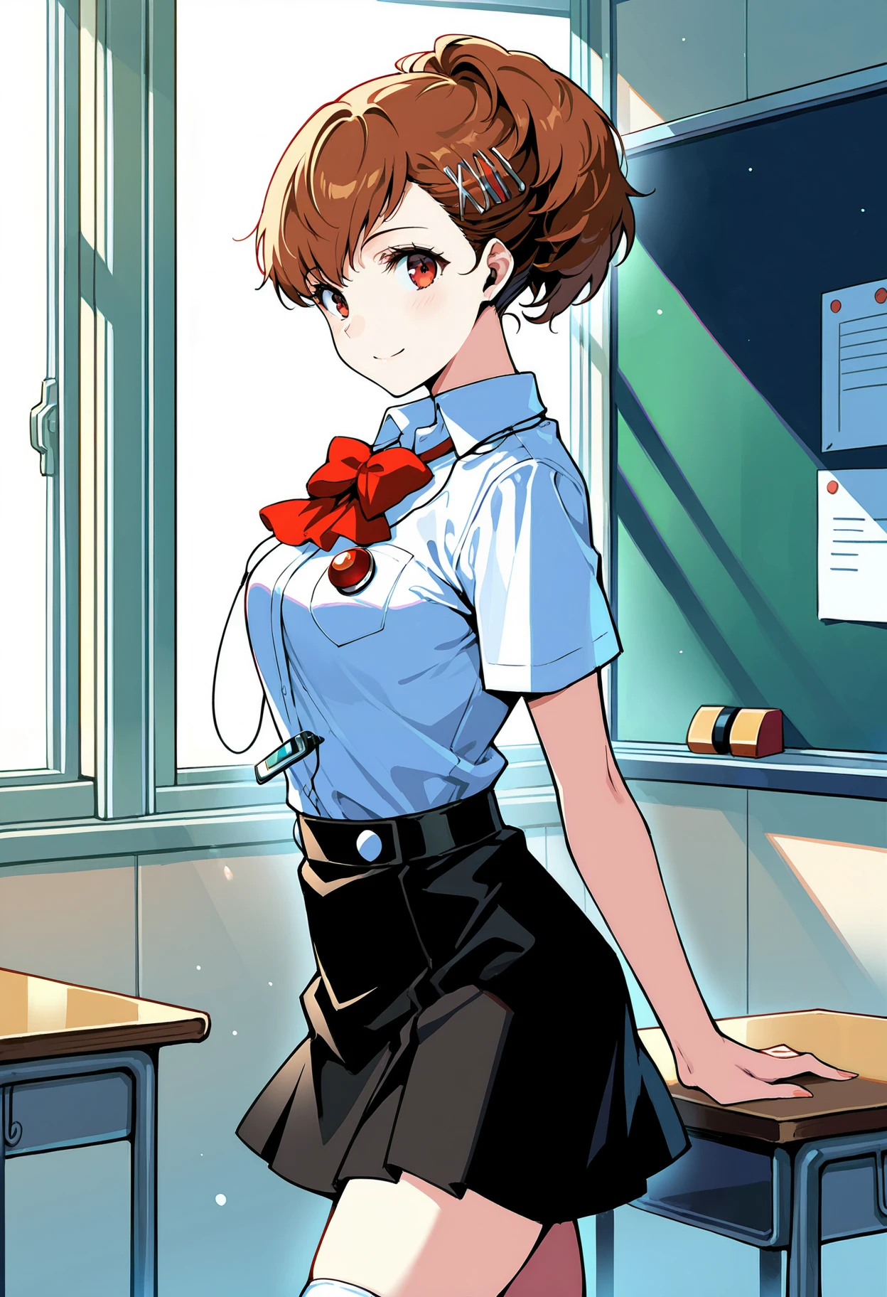 (masterwork, masterpiece, best quality, hyper-detailed :1.1),
1 girl, solo,
p3kotone, ponytail, shiomi kotone, brown hair, short hair, hair ornament, hairclip, headphones, digital media player
p3kotone-sumuni, gekkoukan high school uniform, skirt, black skirt, shirt, white shirt, short sleeves, kneehighs, black skirt, red bow, white socks, brown footwear,
classroom, looking at viewer, smile, standing, cowboy shot, thighs, side view,