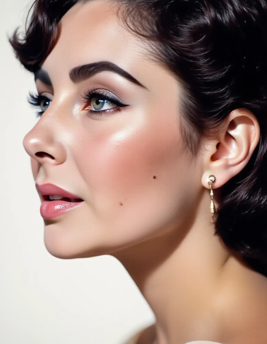 elizabethtaylor violet eyes, smiling broadly, close-up profile, high neckline,