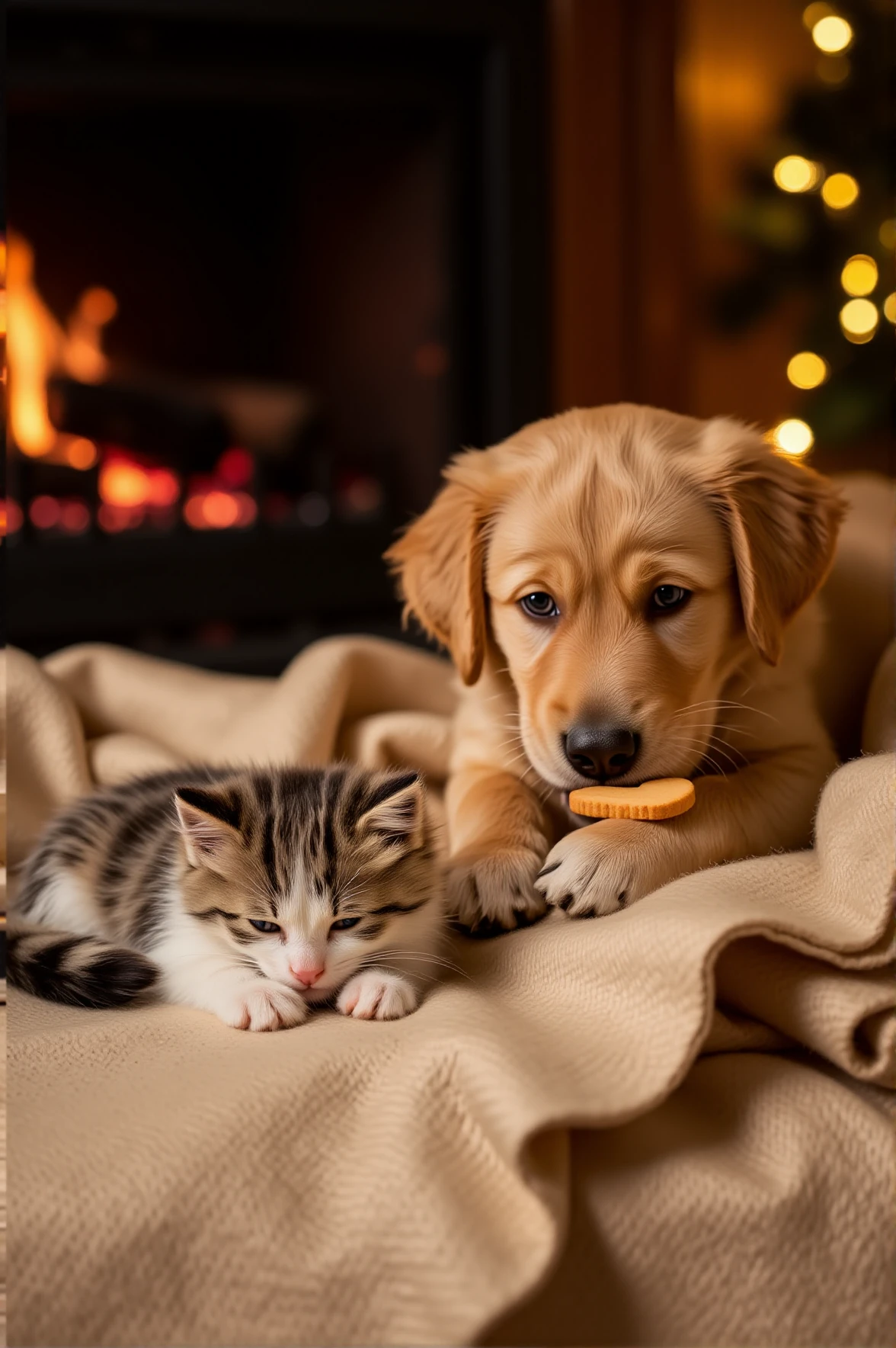 A fluffy kitten sleeps on a cozy, warm blanket beside a crackling fireplace. A golden retriever puppy sits beside it, gently holding a tiny, heart-shaped cookie in its mouth. The soft glow of fairy lights twinkle in the background, creating a golden, warm ambiance in the room.
<lora:paws-and-hearts-flux:1>