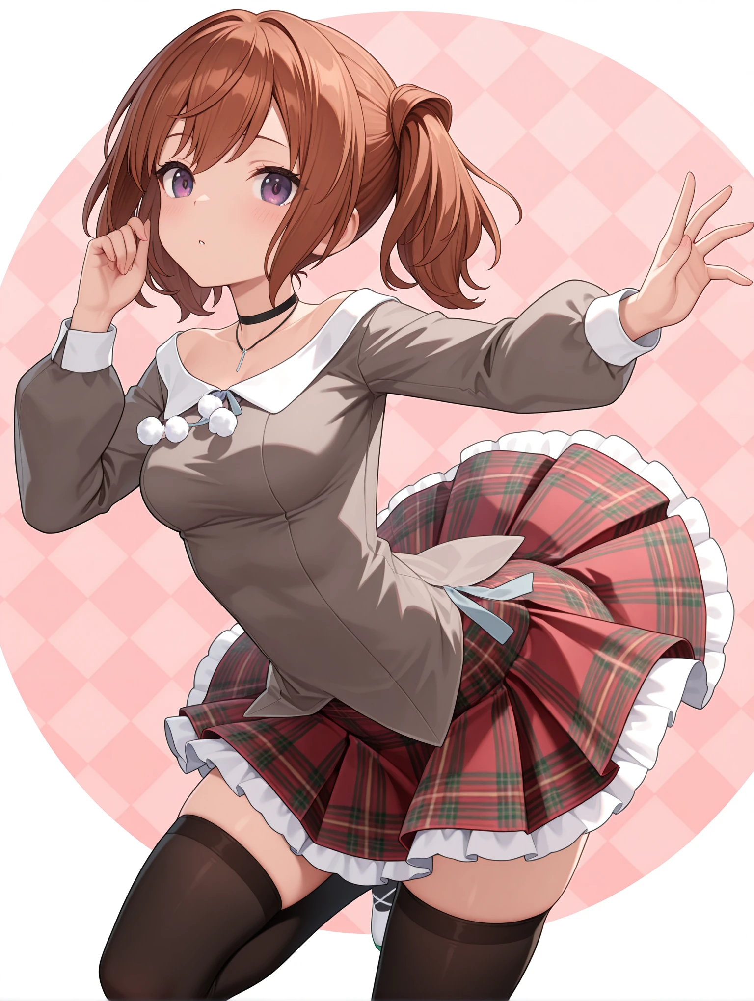 masterpiece,best quality,newest,1girl,solo,
<lora:kimi_kage_yui_ilxl_v1.1:1>,yui,brown hair,purple eyes,Vibre,red plaid skirt,black_thighhighs,
<lora:Fixhands_anime_bdsqlsz_V1:1>,face_focus,eyes_focus,looking_at_viewer,cowboy_shot,falling,full body,checkered_background,