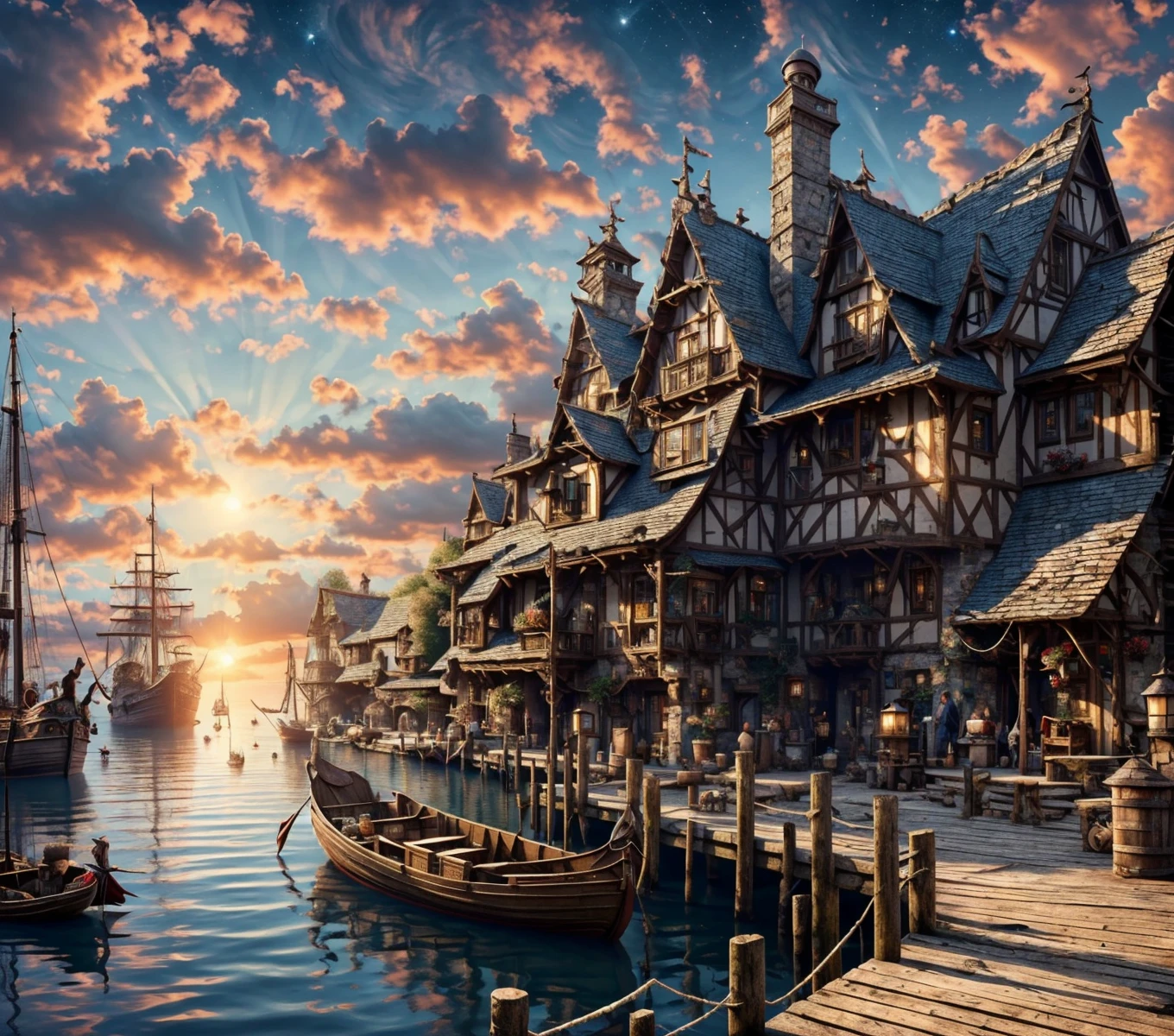 RAW photo, (masterpiece:1.3), subsurface scattering, heavy shadow, (high quality:1.4), (intricate, high detail:1.2), professional photography, HDR, High Dynamic Range, realistic, ultra realistic, photorealistic, high resolution, film photography, ambient lighting, atmospheric effects, <lora:detail_slider_v4:2>, OverallDetail, <lora:HarborAndDocks:1>, barrel, boat, building, cloud, cloudy sky, day, dock, fire, flag, full moon, hado, multiple boys, night sky, no humans, outdoors, pier, railing, scenery, sky, sunlight, water