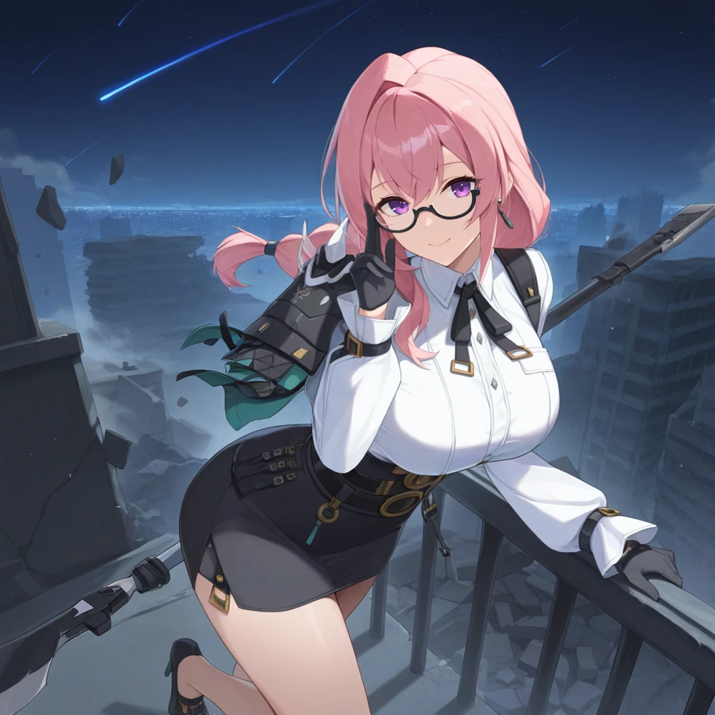 masterpiece, best quality, ultra-detailed, very aesthetic, detailed background, year 2023, very aesthetic, newest, scenery, highres, 4k, absurdres, 8k, colorful,vibrant, glowing, perfect face, 2d, perfect eyes, detailed eyes, 1girl, solo, detailed background, night, night sky, night time, starry sky, ruins, modern city, smoke, mist, fog, debris, rocks, rooftop, detailed background, shooting star, moon, leaning against railing, single bend knee, adjusting eyewear, from above, looking at viewer, face focus, foreshortening, angled shot, from side, sweet smile, holding naginata, weapon, cityscape, black footwear, high heels,
Yanagi, earrings, pink hair, long hair, purple eyes, braided ponytail, shoulder straps, glasses, under-rim eyewear, white shirt, collared shirt, long sleeves, white sleeves, shoulder armor, black gloves, black skirt, pencil skirt, belt, high-waist skirt, black-framed eyewear, neck ribbon, black ribbon,
masterpiece, best quality, ultra-detailed, very aesthetic, newest, scenery, absurdres, perfect anatomy, perfect legs, perfect face, perfect eyes, mature body, clear eyes, beautiful eyes,