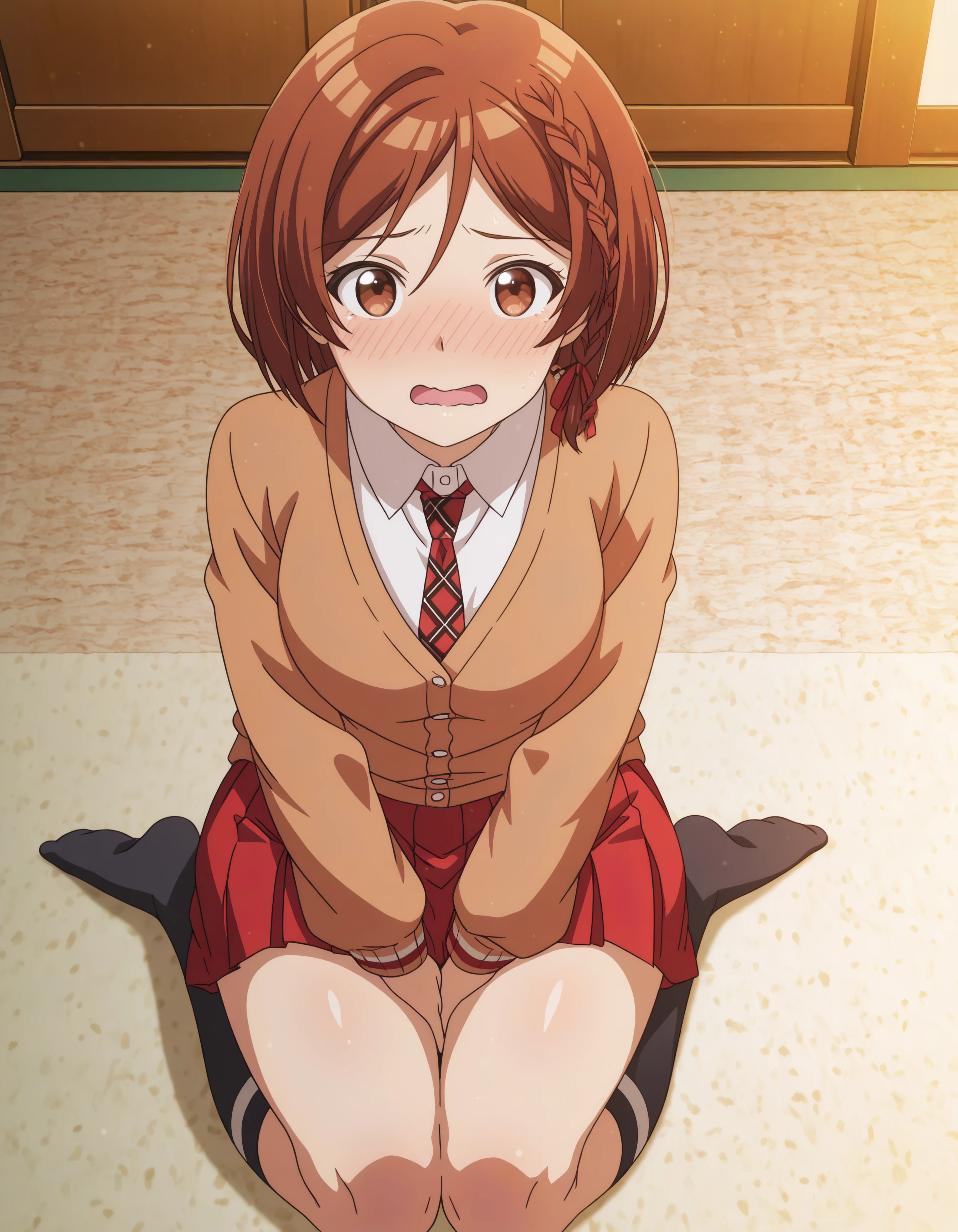 1girl, brown eyes, akanesak, curvy, short brown hair, looking_at_viewer, blush, short_hair, open_mouth, skirt, brown_hair, ribbon, brown_eyes, sitting, school_uniform, hair_ribbon, braid, pleated_skirt, necktie, socks, kneehighs, single_braid, red_skirt, wariza, no_shoes, wavy_mouth, cardigan, side_braid, seiza,
hdr, low contrast, masterpiece, best quality, absurdres, highres, perfect anatomy, anime style, anime screenshot, 8k wallpaper, ultra high quality, extremely detailed cg, perfect lighting, (sharp image)