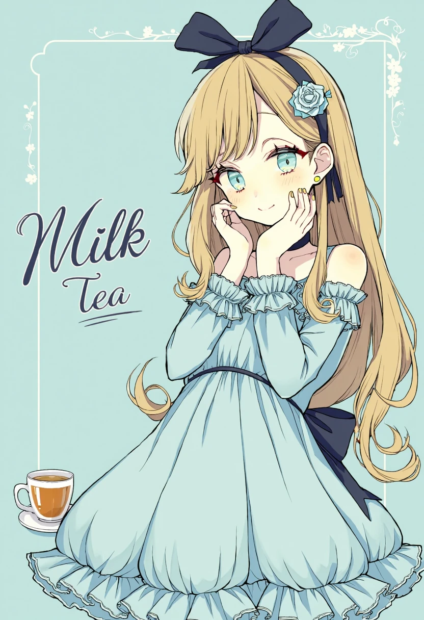 clean soft color digital illustration with anime girl a delicate and refined appearance. She has long, flowing blonde hair, which is adorned with a large black bow at the top and a smaller one on the side. Her hair is styled in a way that it appears to be gently blowing in the wind. She has a slender physique and is wearing a light blue dress with intricate ruffled details around the neckline and sleeves, giving the impression of a vintage or elegant style. Her hands are placed on her cheeks, and she has a gentle, contemplative expression on her face.
The background is a soft, pastel blue, which complements her outfit and adds to the serene atmosphere of the illustration. The text "Milk Tea" is written in a stylized, cursive font on the left side of the image, with a small tea cup and teapot graphic beside it. The overall style of the illustration is clean, with smooth lines and soft shading, giving it a polished and professional look. The illustration evokes a sense of calm and sophistication.