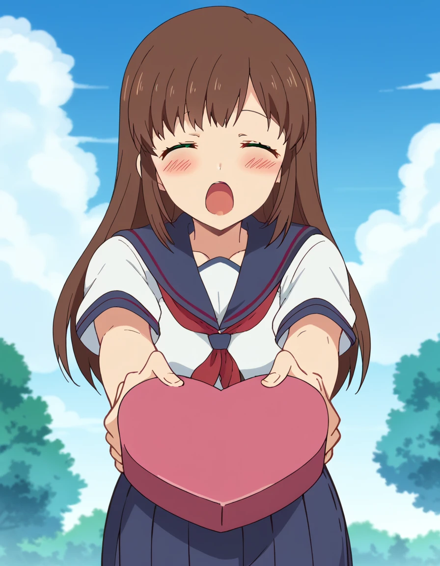 score_9, score_8_up, score_7_up, source_anime, <lora:hina-tachibana-s1-ponyxl-lora-nochekaiser:1>, hina tachibana, long hair, brown hair, green eyes, large breasts, anime screencap, <lora:heart-shaped-box-ponyxl-lora-nochekaiser:1>, heart-shaped box, holding, box, gift, valentine, incoming gift, closed eyes, blush, open mouth, outstretched arms, outdoors, night sky, clouds, shouting, classroom, serafuku, school uniform, white shirt, blue sailor collar, blue skirt, pleated skirt, short sleeves, neckerchief, red neckerchief,
