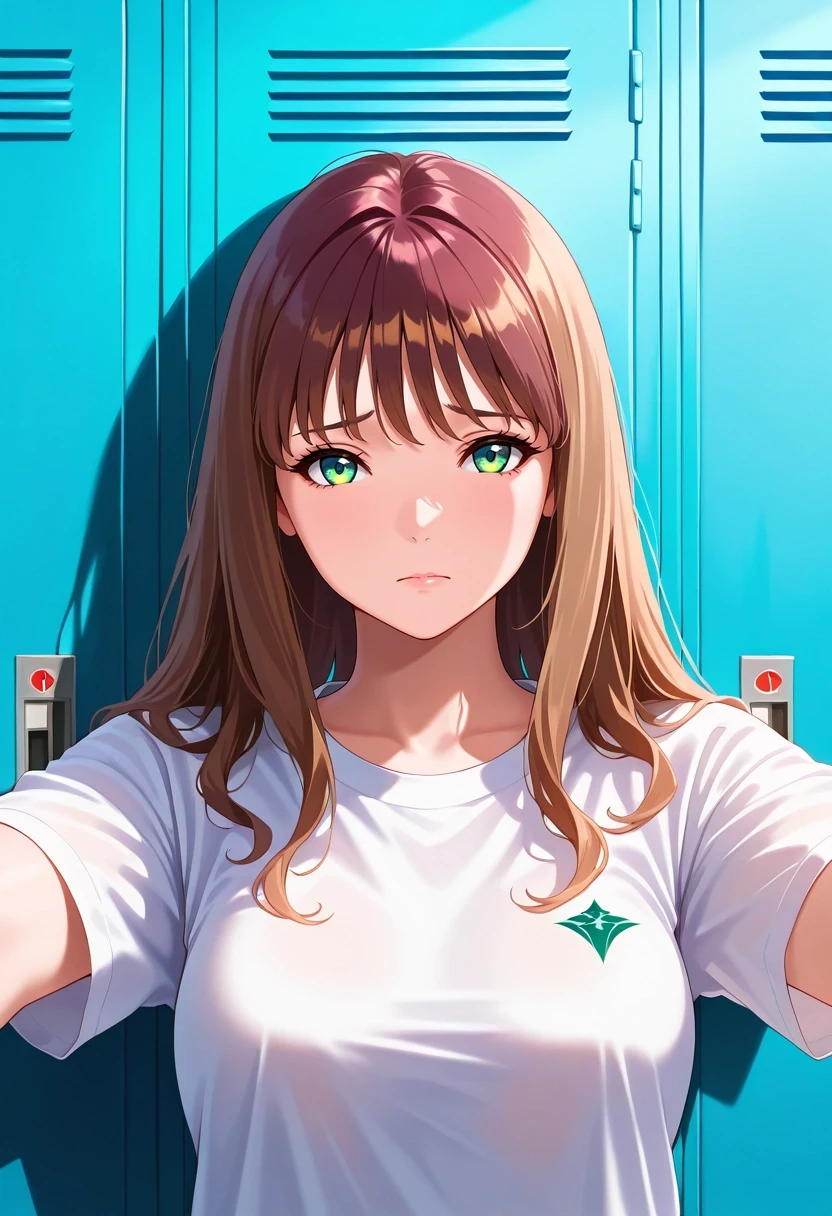 masterpiece, best quality, , (photorealistic:0.6), looking at viewer, 1girl, solo, <lora:yume_minami_ilxl:0.94>, yume_minami, brown hair, green eyes, long hair, bangs, straight-on, locker room, noon, spread arms, sad,