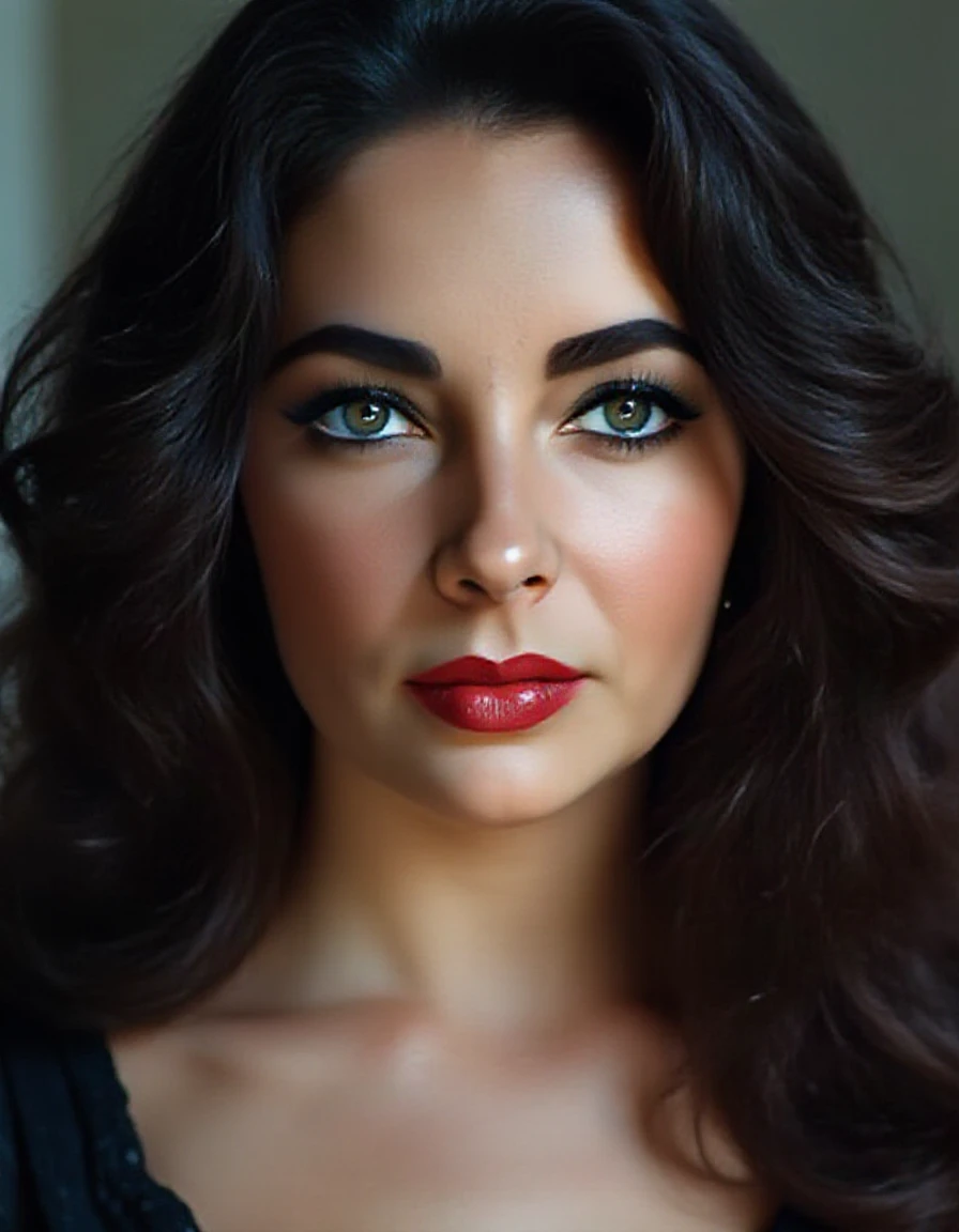 elizabethtaylor violet eyes, smiling broadly, close-up profile, high neckline,