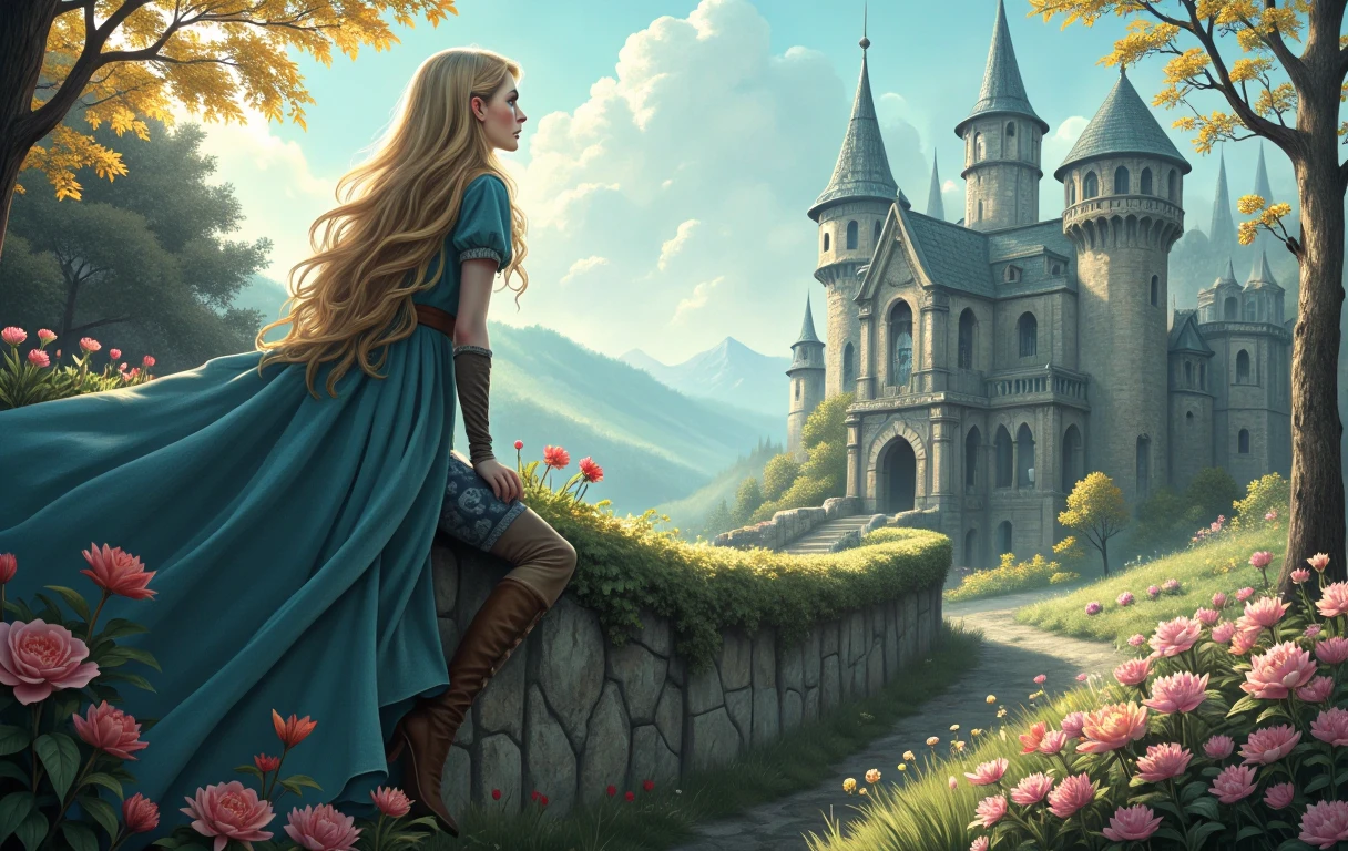 1llustr4t10n.
23 yo mysterious pawg long blondy hair resembling Zelda, gazes over the castle wall in a flowery spring, serene spring setting. This intricate and captivating image is a hyper-realistic photography, showcasing every delicate detail of the beauty pawg character. High boots.Rich colors, intricate textures, and lifelike features bring this enchanting scene to life, capturing the viewer's attention with its breathtaking beauty.