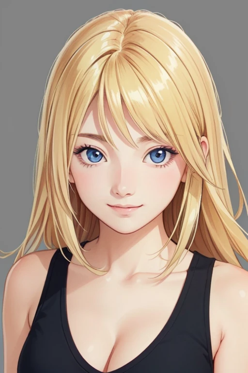 (high quality:1.3), (best quality:1.3), Illustration, (in style of Hisashi Eguchi:1.2), 24 year old, blonde hair, slight smile, detailed skin face and eyes, natural lighting, cleavage, natural face, dark circles under eyes, tank top, upper body, from front, simple background