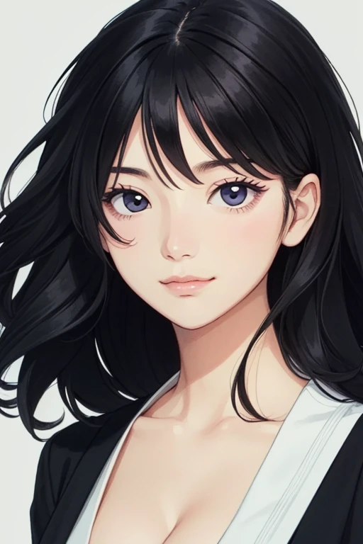 (high quality:1.3), (best quality:1.3), Illustration, (in style of Hisashi Eguchi:1.2), 24 year old, black hair, slight smile, detailed skin face and eyes, natural lighting, medium hair, cleavage, natural face, dark circles under eyes, upper body, simple background