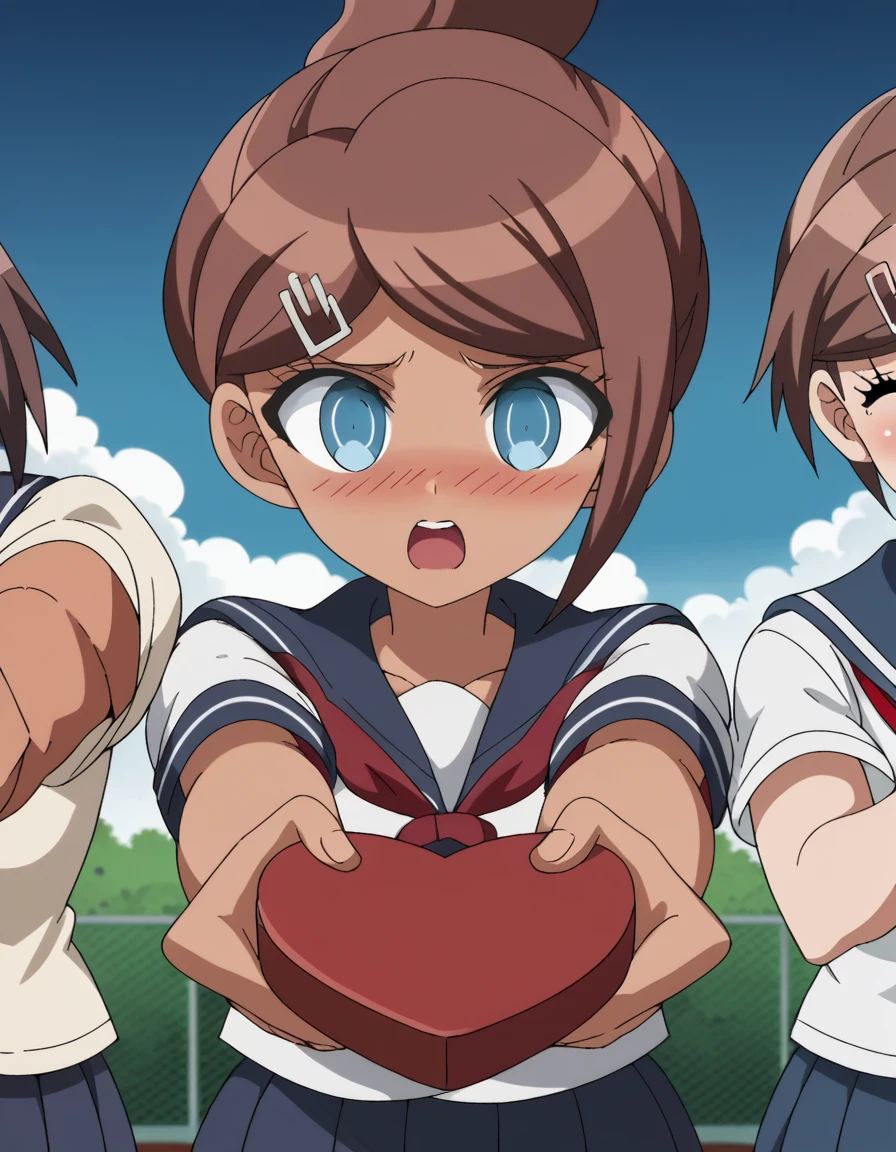 score_9, score_8_up, score_7_up, source_anime, <lora:aoi-asahina-s1-ponyxl-lora-nochekaiser:1>, aoi asahina, short hair, bangs, blue eyes, brown hair, hair ornament, ponytail, hairclip, dark skin, dark-skinned female, large breasts, anime screencap, <lora:heart-shaped-box-ponyxl-lora-nochekaiser:1>, heart-shaped box, holding, box, gift, valentine, incoming gift, closed eyes, blush, open mouth, outstretched arms, outdoors, night sky, clouds, shouting, classroom, serafuku, school uniform, white shirt, blue sailor collar, blue skirt, pleated skirt, short sleeves, neckerchief, red neckerchief,