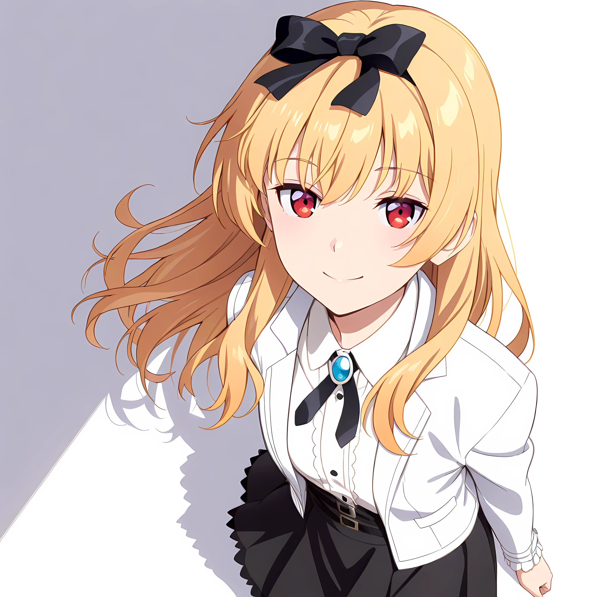 yue(arifureta), defoutfit, 1girl, blonde hair, solo, long hair, red eyes, shirt, looking at viewer, skirt, bow, white shirt, white background, simple background, bangs, hair bow, smile,  <lora:Yue-Arifureta-IllustXL:1>, (masterpiece),(best quality),(ultra-detailed),(best illustration),(best shadow),(absurdres),(detailed background),(very aesthetic),