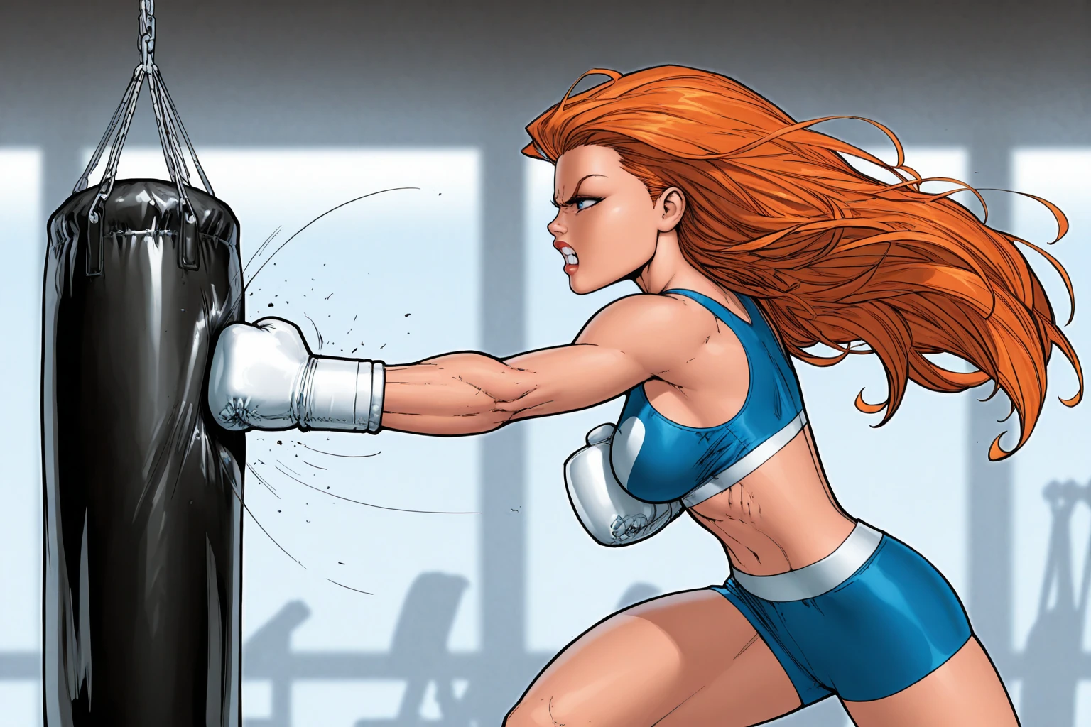 masterpiece, good quality, best quality, very awa, very as2, absurdres, highres,
<lora:Spider WomanilluLoRA:0.8>spderwman, long hair, reddish hair, blue sports bra, heart print,  blue shorts, fist fighting stance, punching, punching bag, angry, from side, boxing gloves, in a gym, impact, punch trail
 <lora:Michael Turner Marc SylvestriStyleIlluLYCO:1.1> mtms, solo