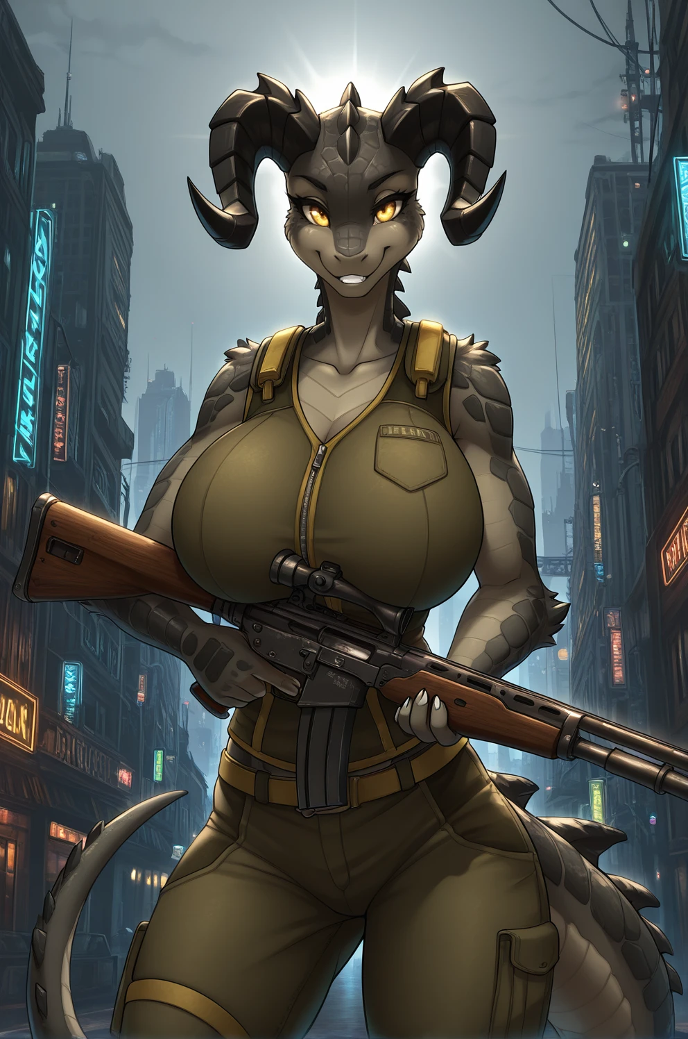 masterpiece,best quality,amazing quality,city, vest, military, science fiction, weapon, rifle, holding, grey sky, futuristic, playful_expression, urban_background, cityscape, neon_lights, night_scene, glowing_effects, vibrant_colors, fluffy_hair, detailed_eyes, high_quality, modern_aesthetic, cool_pose, dynamic_lighting, smiling,Deathclaw_\(Fallout\),scalie,Anthro Reptile,Monster Girl,Claw,Horns, Golden Eyes, Lizard, happy_expression, sunlight, detailed_background, vibrant_colors, whimsical, full_body, high_quality, intricate_details, (huge breasts:1.2),Cat Tail,, solo, perfect eyes, Cowboy_Shot,fkstyle,