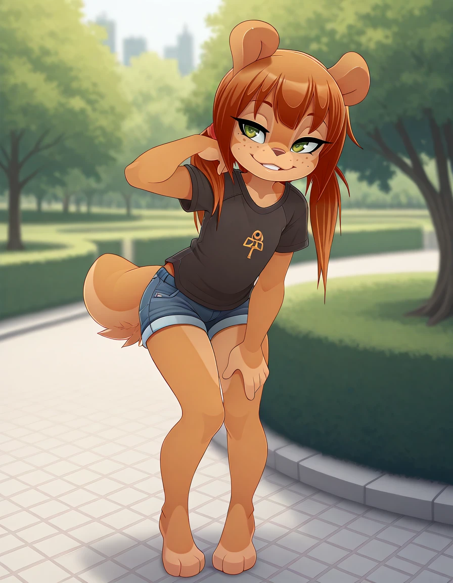 masterpiece, best quality,
outdoors, park,
full body,seductive smile,long eyelashes, parted lips, teeth, denim shorts,black shirt,pose,
<lora:Rocketgirl_v01_ILXL:1>,
Rocketgirl, 1girl, solo, animal ears, furry female, tail, brown hair, long hair, green eyes, bangs,freckles, brown fur,full body, sidelocks, twintails, two-tone fur,