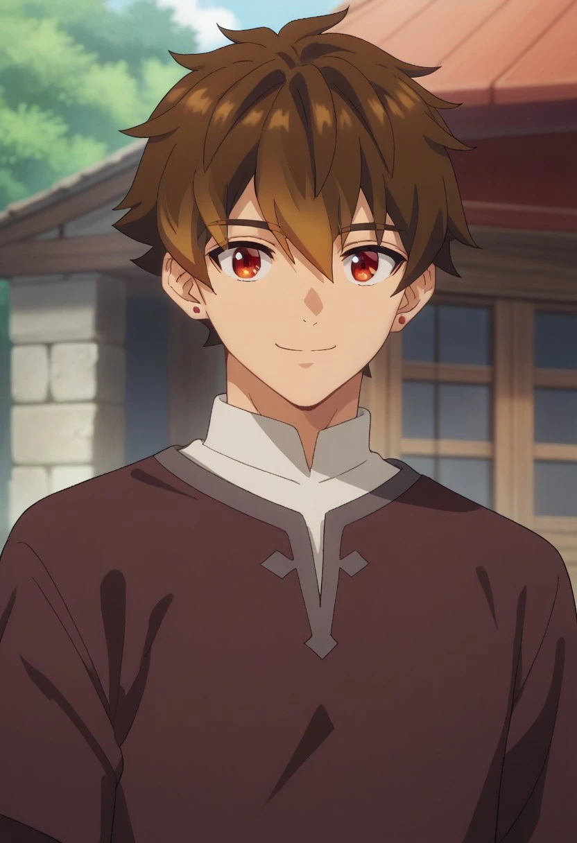 Anime boy with brown hair and red eyes in front of a house - SeaArt AI