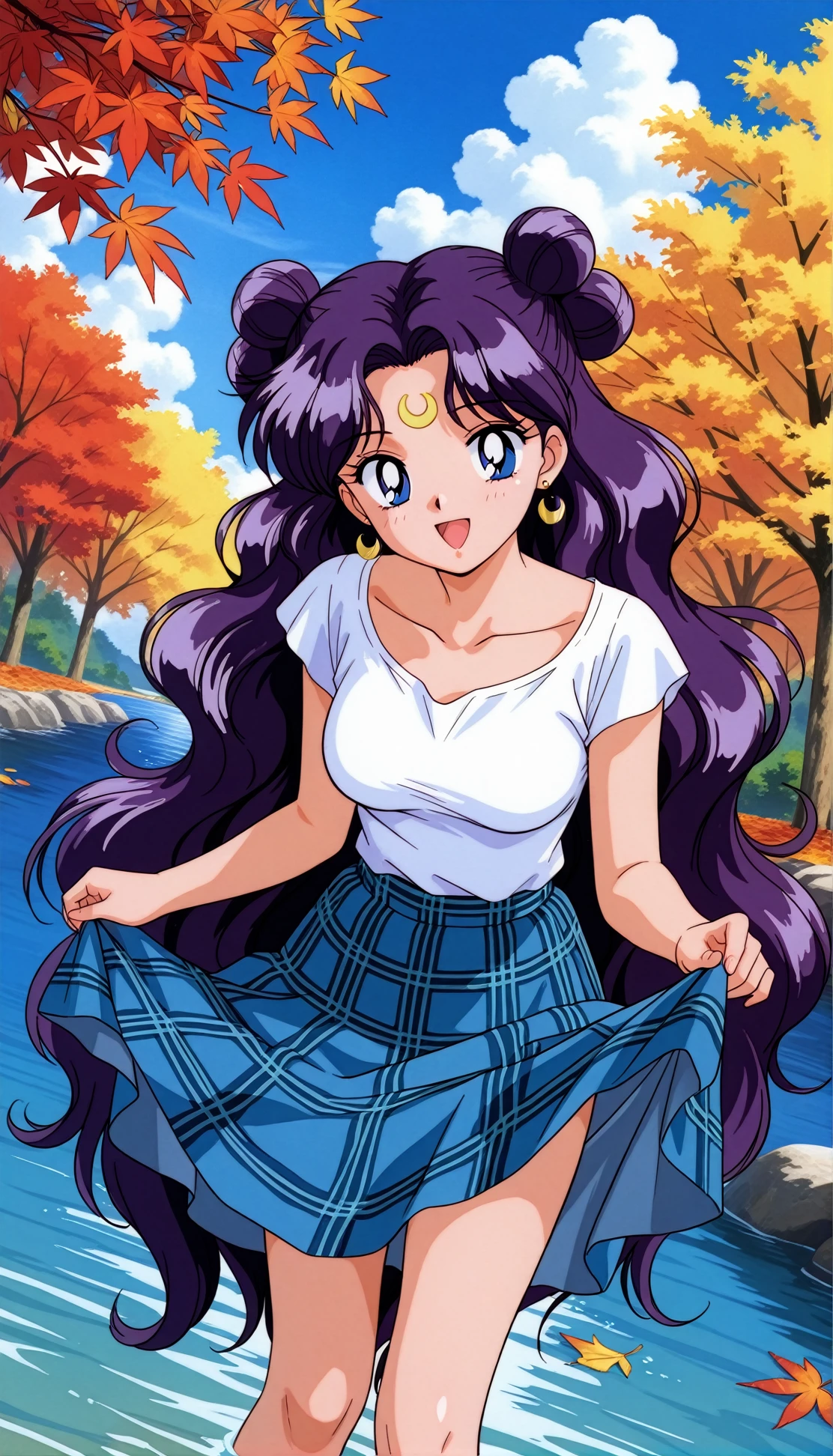 masterpiece,best quality,amazing quality,lunaill,1990s (style),1girl,long hair,solo,crescent facial mark,crescent,facial mark,blue eyes,hair bun,very long hair,purple hair,double bun,parted bangs,skirt,tree,outdoors,shirt,sky,day,smile,water,white shirt,blue skirt,open mouth,collarbone,holding,breasts,blue sky,cloud,plaid,looking at viewer,dutch angle,autumn leaves,<lora:lunaill:0.8>,