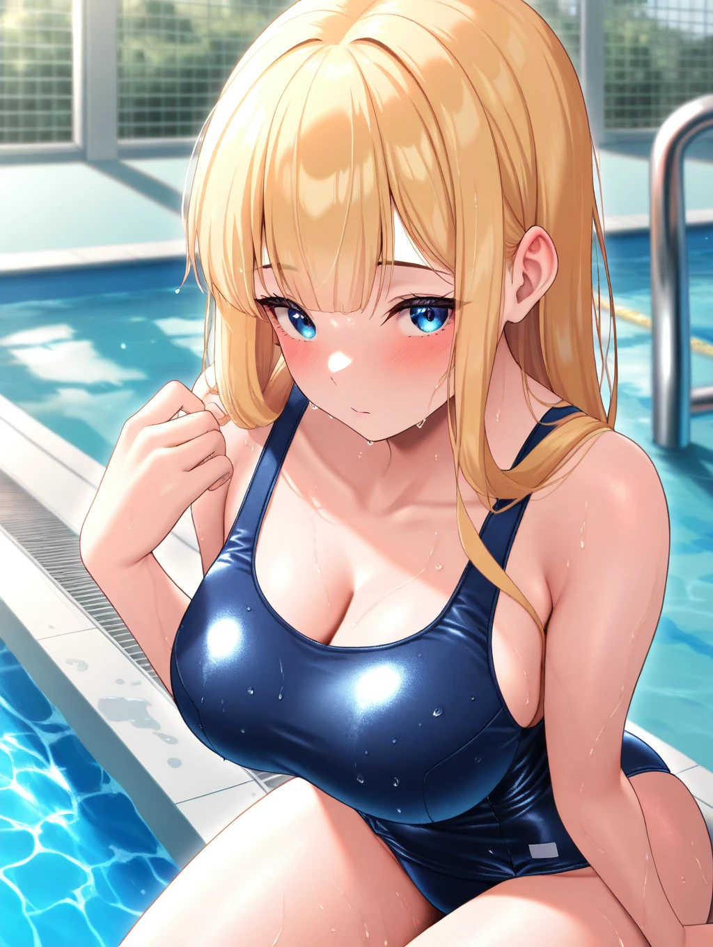 Highest quality,masterpiece,One person,Blonde,Twin tails,School Swimsuit,Large Breasts,smile,School swimming pool,