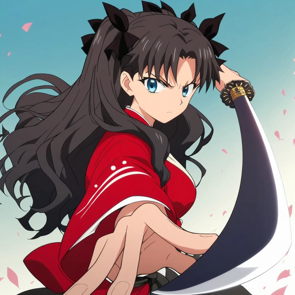 score_9, score_8_up, score_7_up, source_anime, , rin tohsaka, long hair, blue eyes, black hair, ponytail, medium breasts, anime screencap, gatotsu stance, weapon, sword, katana, holding weapon, holding, holding sword, foreshortening, japanese clothes, kimono, looking at viewer,, ,