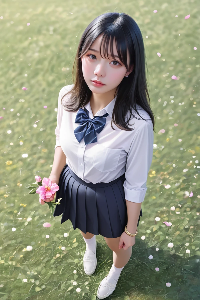 (1 girl), wonderful face and eyes, (big round eyes:1.15), (Highly detailed beautiful face), (school uniform, pleated mini skirt:1.3), (school uniform with open breasts), (highest quality:1.4), (super detailed), (surreal, realistic:1.37), fair skin, Highly detailed CG integrated 8k wallpaper, RAW photo, professional photos, cinematic lighting, sitting, spread your legs wide, look at me, (Cherry blossom wallpaper),