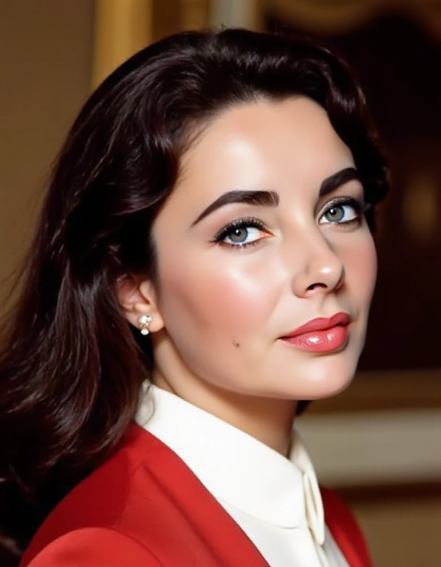 elizabethtaylor violet eyes, smiling broadly, close-up profile, high neckline,